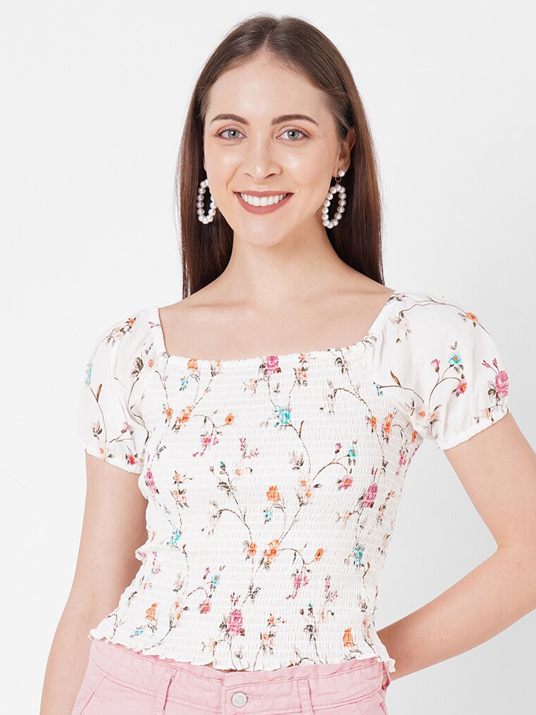 

Kraus Jeans White Floral Printed Pure Cotton Top