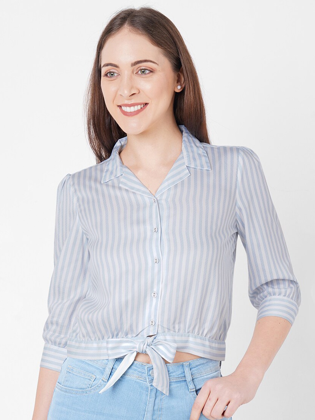 

Kraus Jeans Women Blue Striped Waist Tie-up Casual Shirt