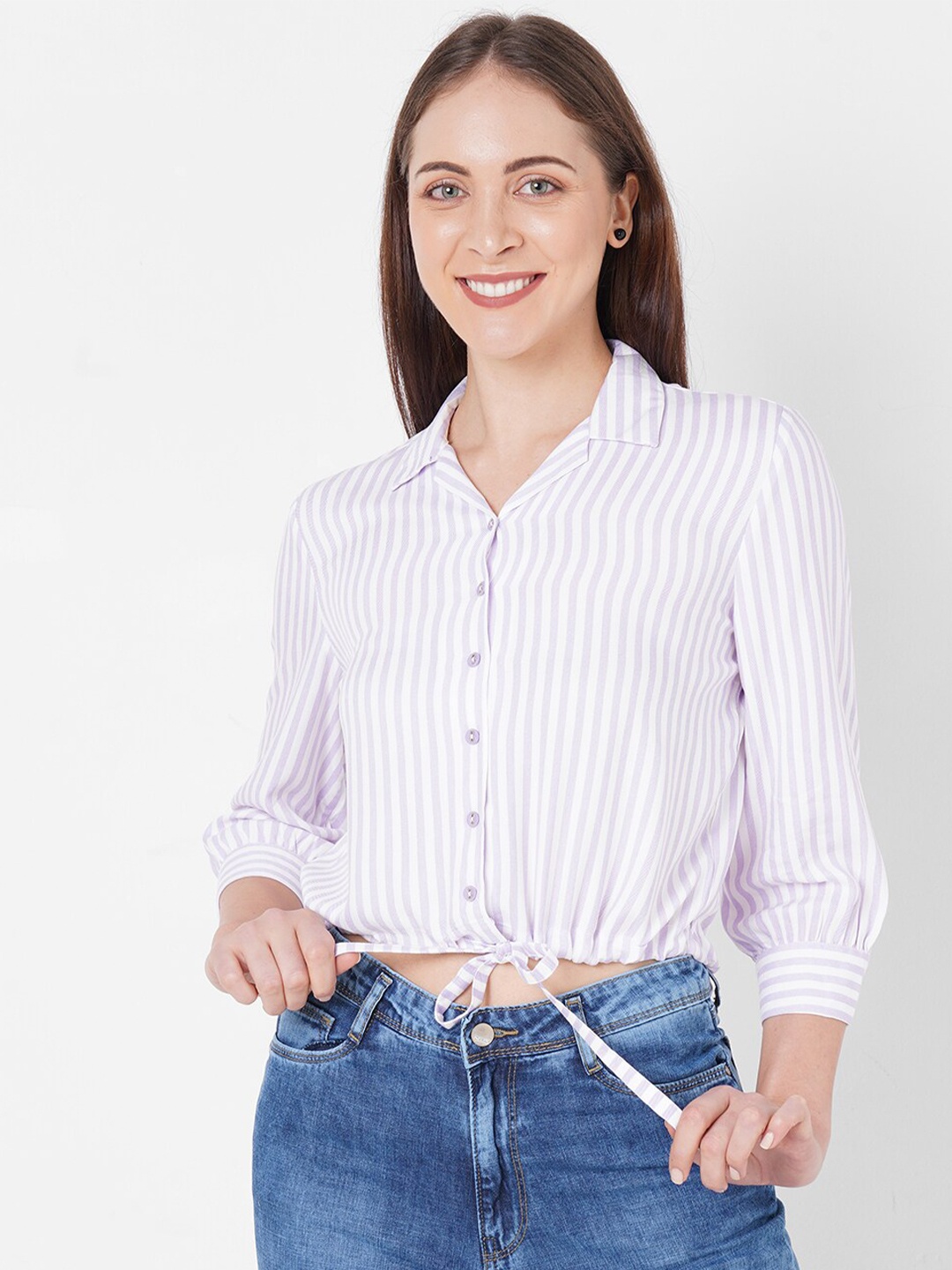 

Kraus Jeans Women Purple & White Striped Casual Crop Shirt