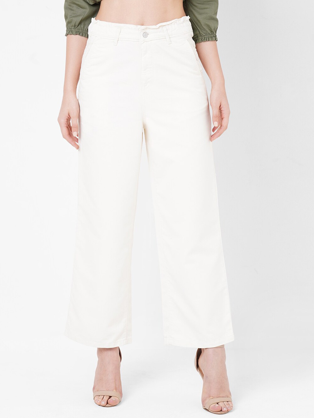 

Kraus Jeans Women Off White Wide Leg High-Rise Jeans