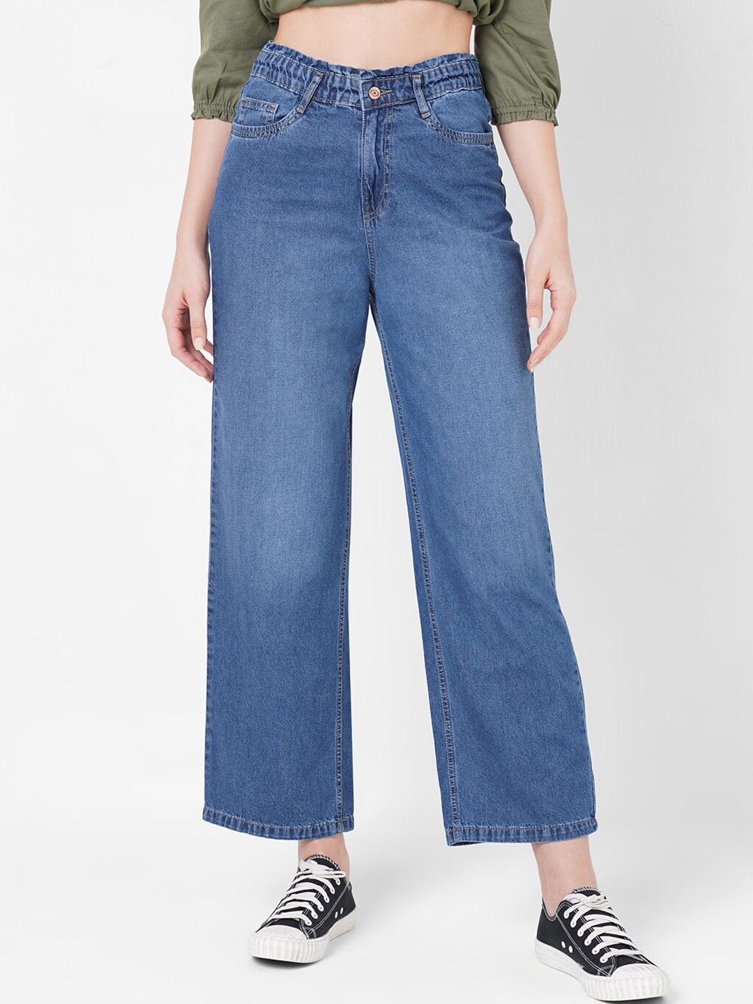 

Kraus Jeans Women Blue Wide Leg High-Rise Low Distress Light Fade Cotton Jeans