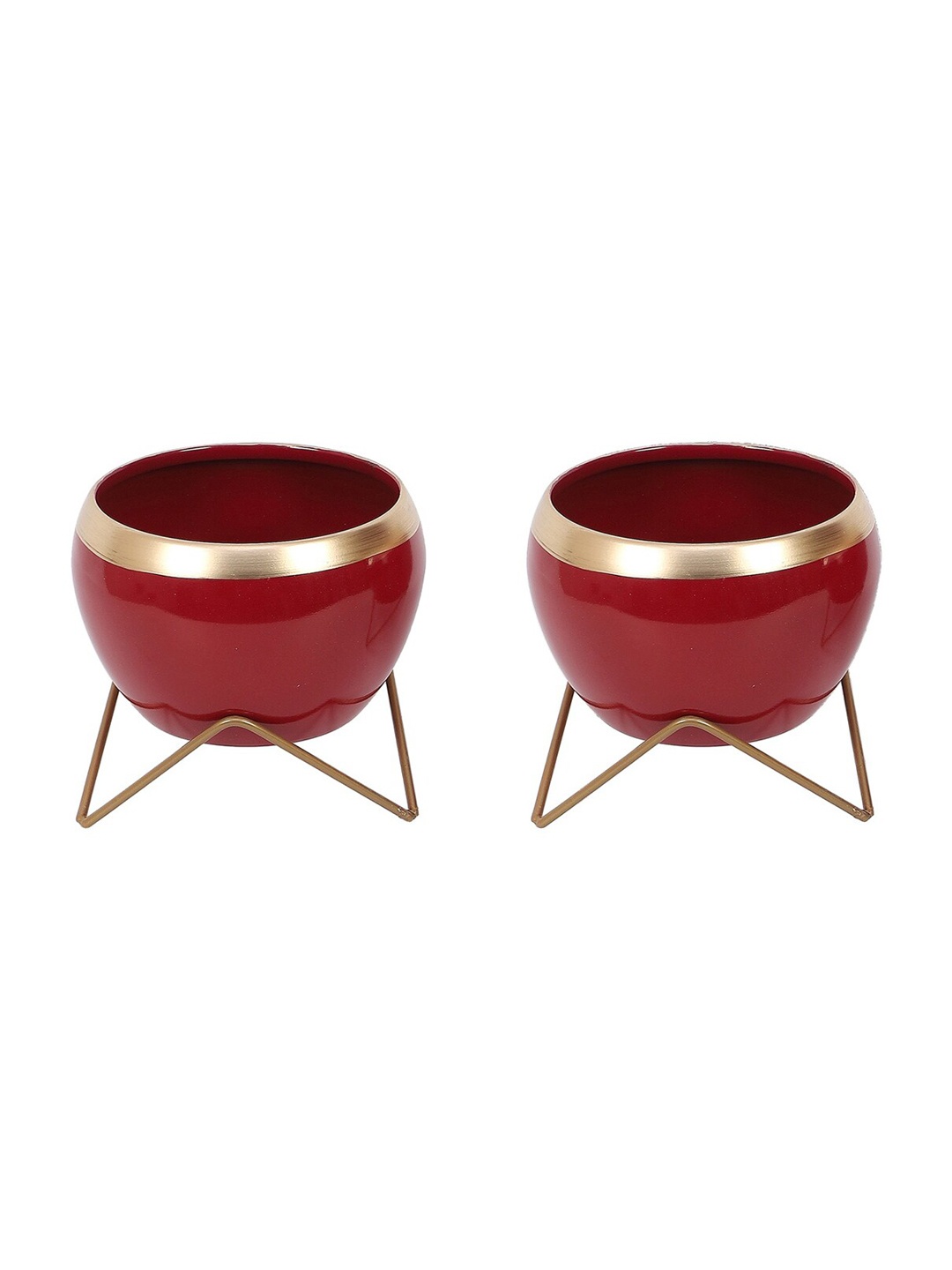 

Amaya Decors Set Of 2 Gold-Toned & Red Solid Planters With Stand