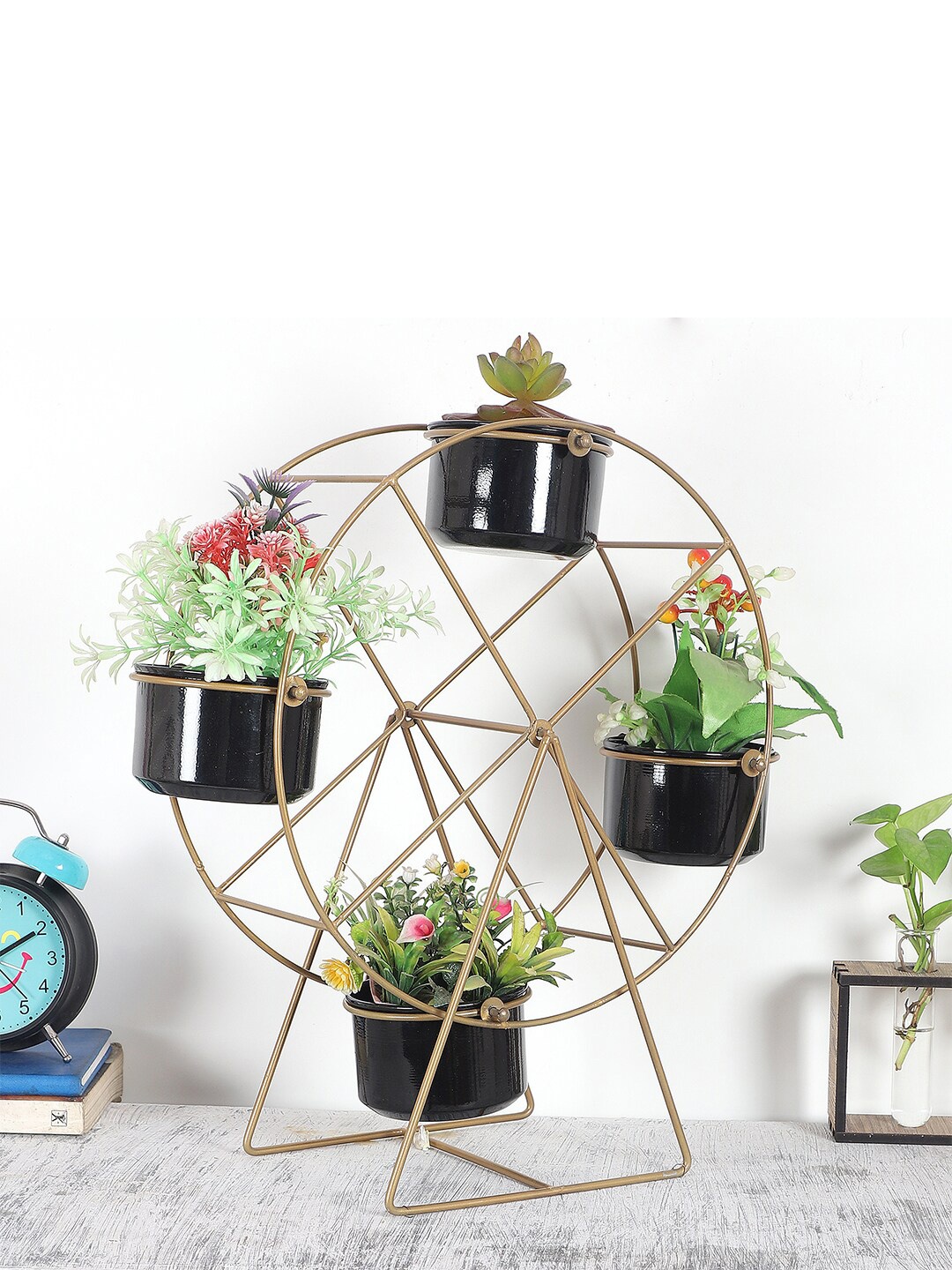 

Amaya Decors Set Of 4 Solid Revolving Wheel Planter With Stand, Black