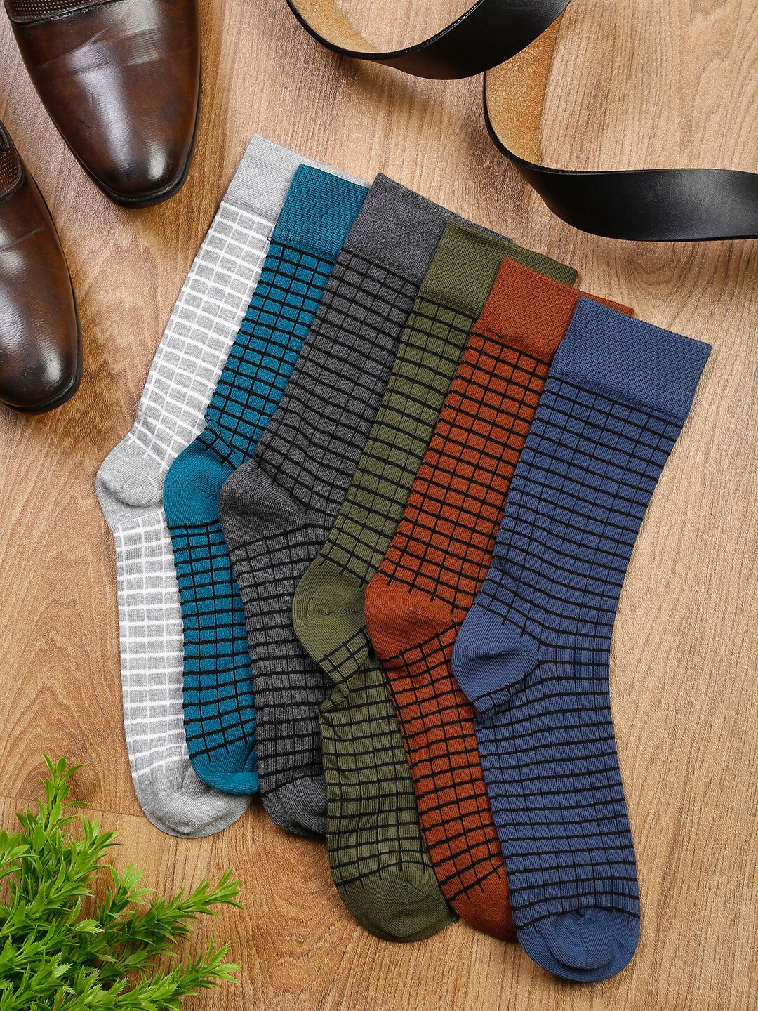 

LOUIS STITCH Men Pack of 6 Checked Calf Length Antimicrobial Socks, Blue
