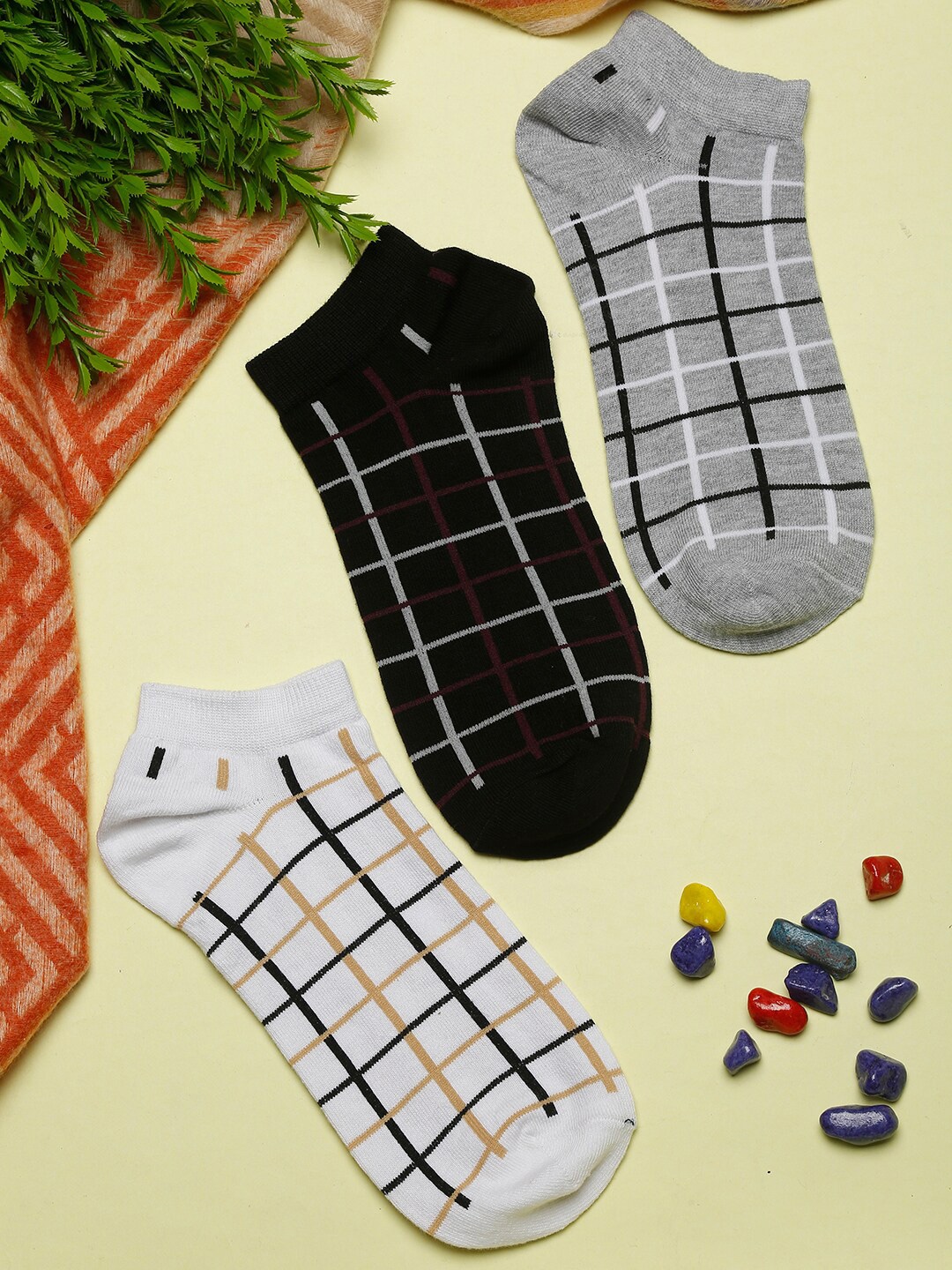 

LOUIS STITCH Men Pack of 3 Checked Ankle Length Antimicrobial Socks, Grey