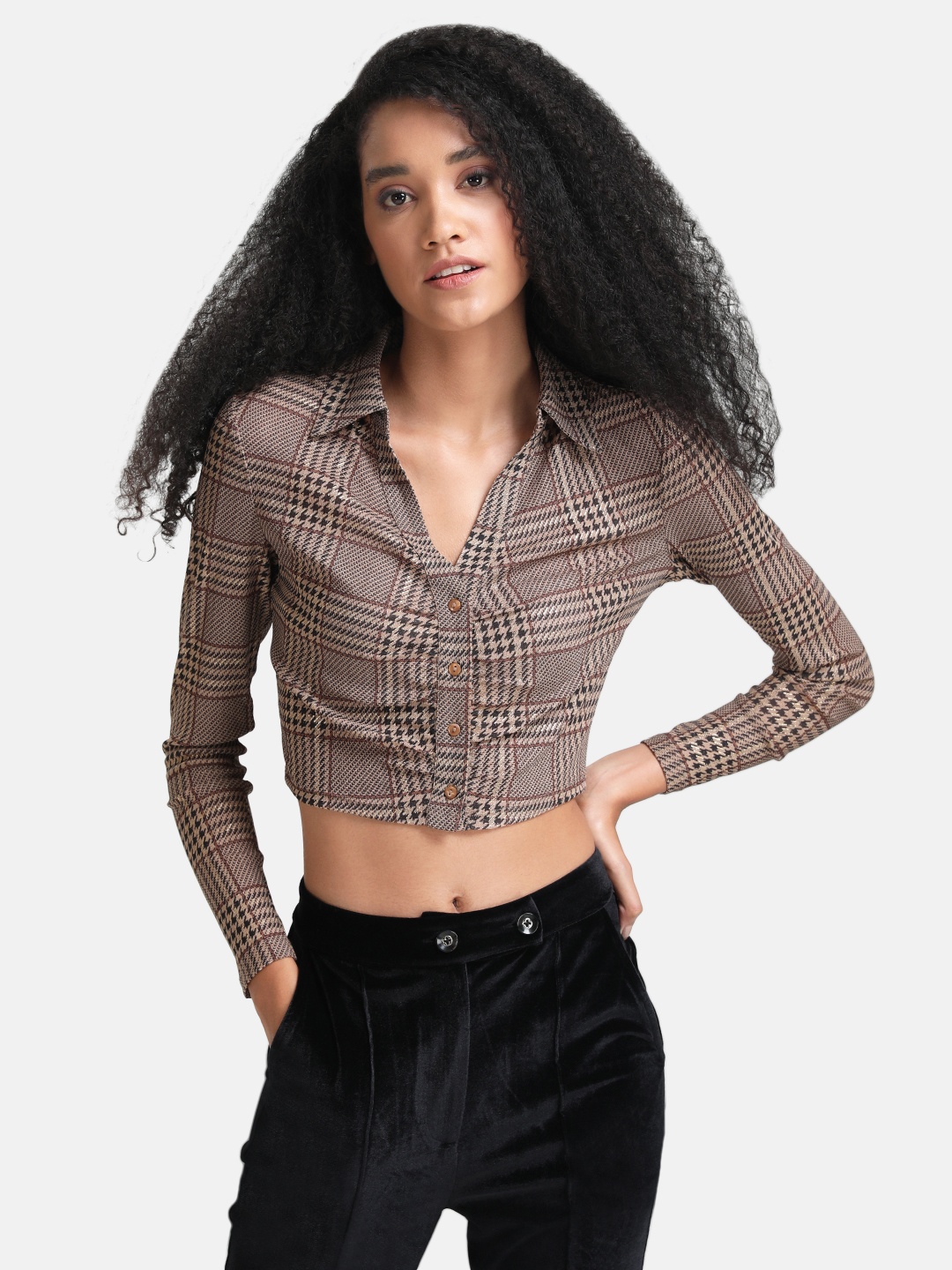 

Kazo Women Brown Skinny Fit Checked Casual Shirt