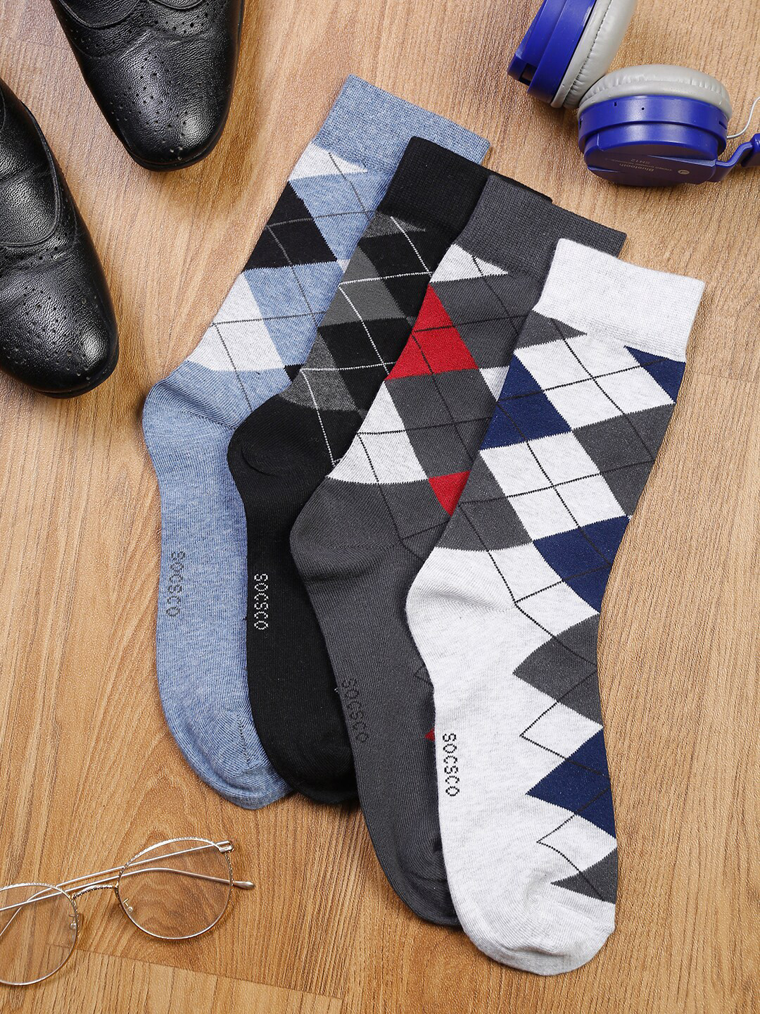 

MUTAQINOTI Men Pack Of 4 Patterned Blue & Black Calf Length Antimicrobial Socks