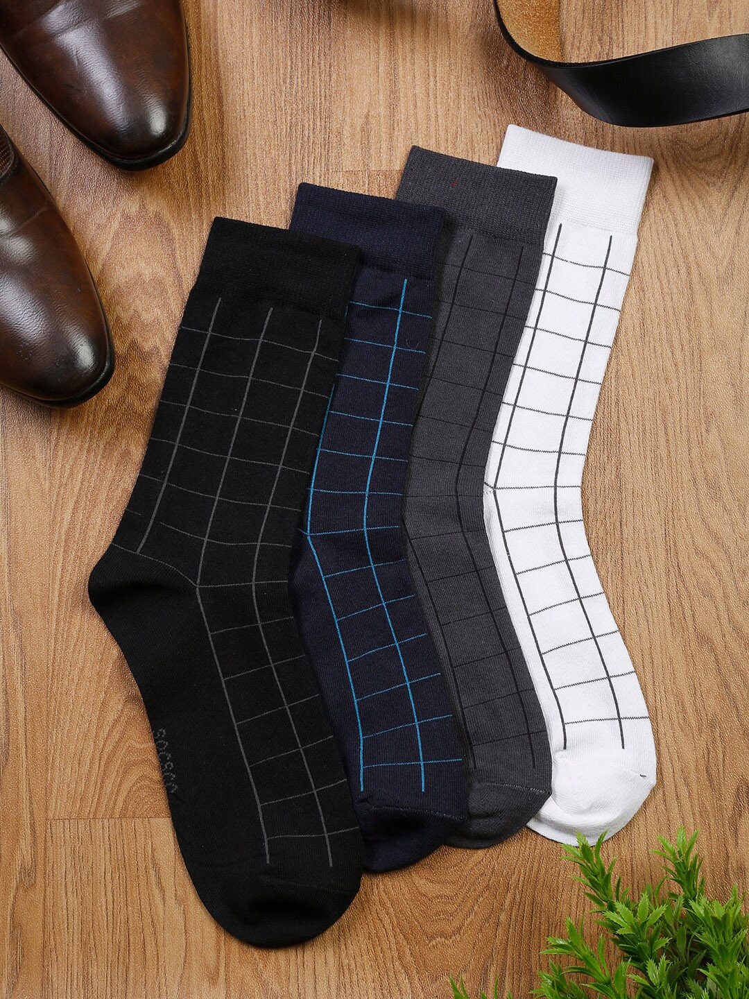 

MUTAQINOTI Men Pack Of 4 Assorted Checked Cotton Antimicrobial Socks, Black