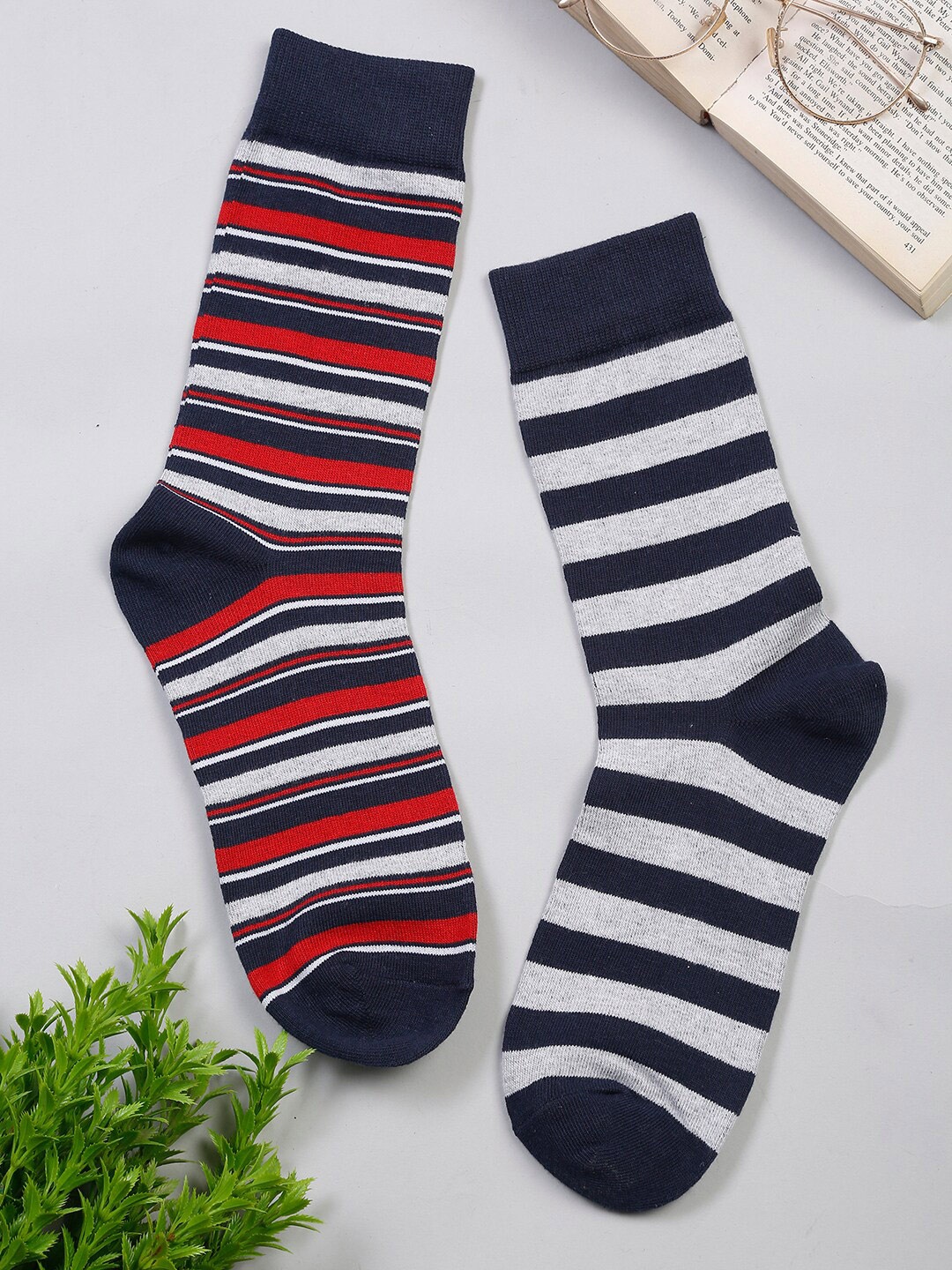 

MUTAQINOTI Pack of 2 Men Striped Calf Length Antimicrobial Socks, Red