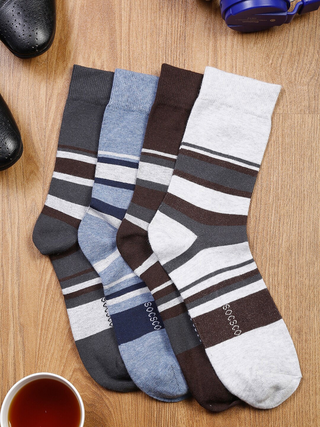 

MUTAQINOTI Men Pack Of 4 Assorted Calf Length Antimicrobial Socks