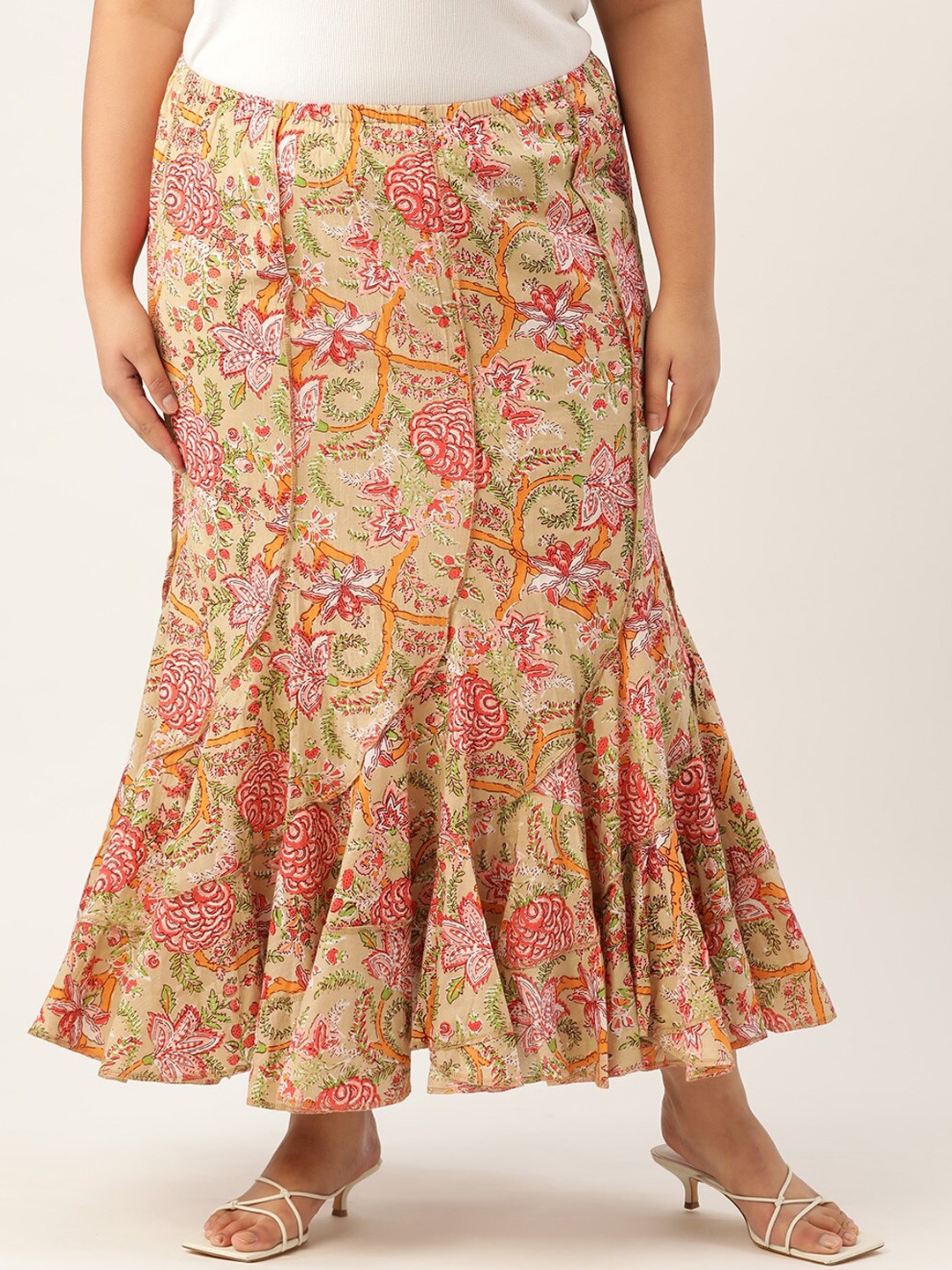 

theRebelinme Plus Size Women Beige & Green Printed Pure Cotton Maxi Skirts