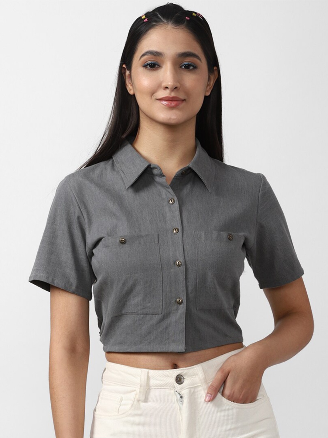 

FOREVER 21 Women Grey Cotton Casual Shirt