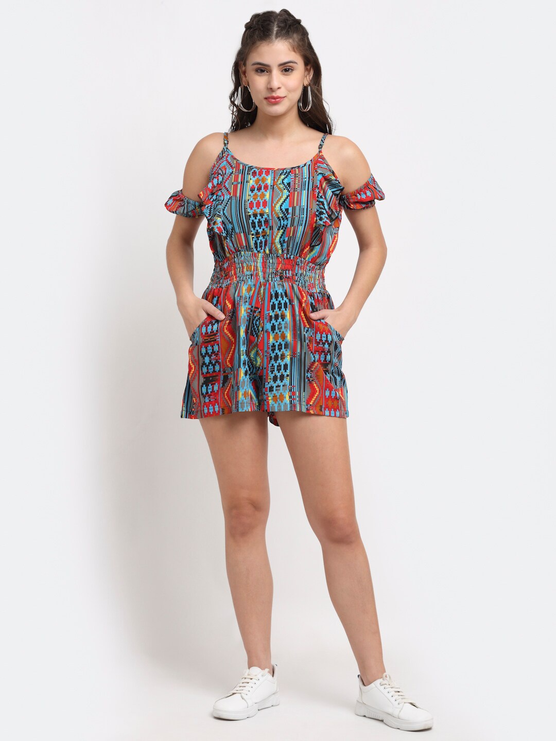 

NEUDIS Women Blue & Red Off-Shoulder Printed Jumpsuit