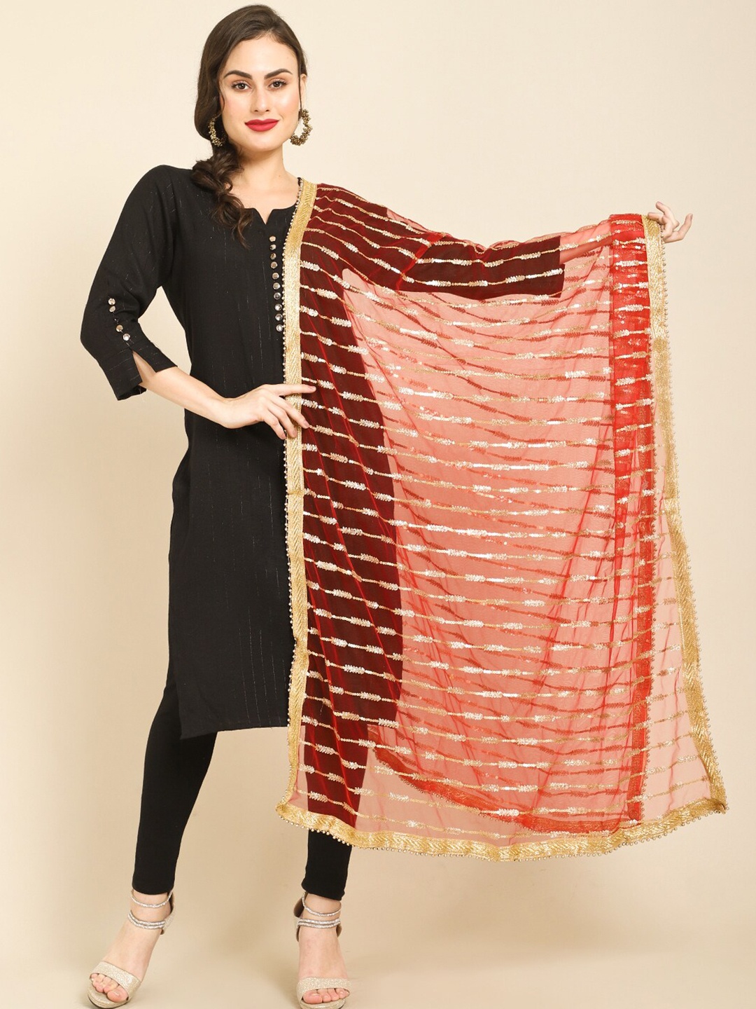 

Miaz Lifestyle Red & Gold-Toned Embroidered Leheriya Dupatta with Mirror Work