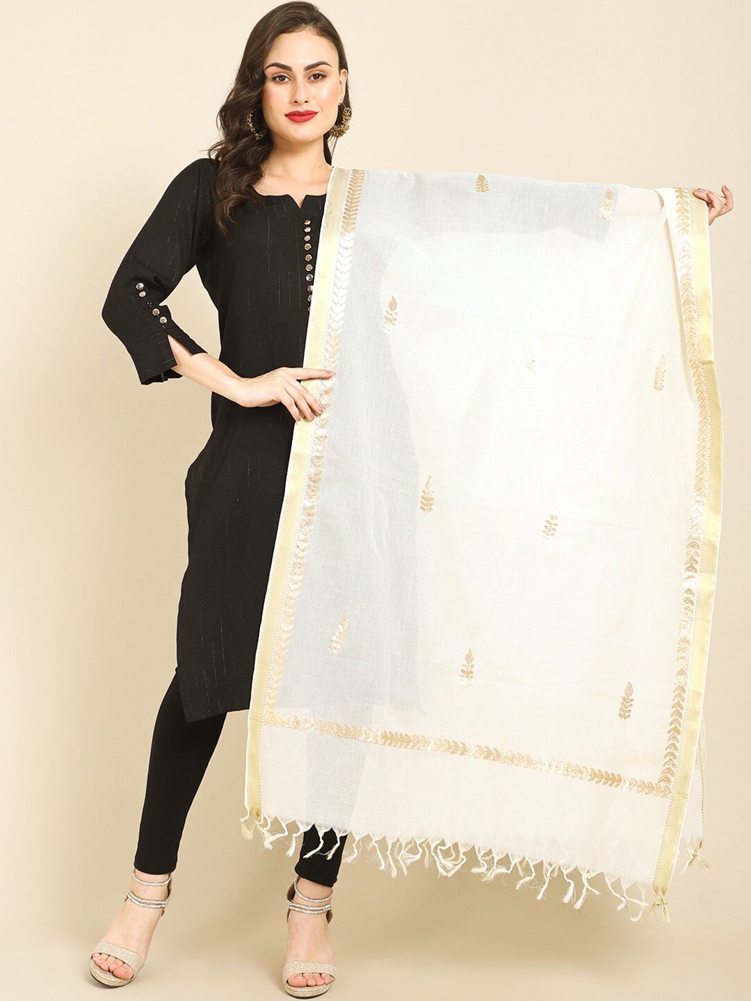 

Miaz Lifestyle White & Gold-Toned Ethnic Motifs Woven Design Art Silk Dupatta