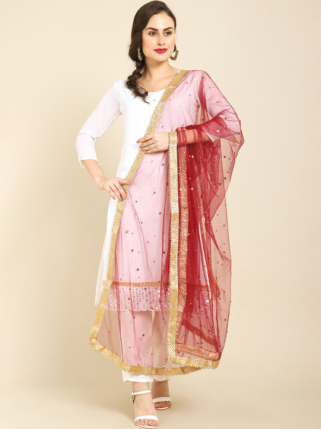 

Miaz Lifestyle Red & Gold-Toned Embroidered Dupatta With Beads and Stones