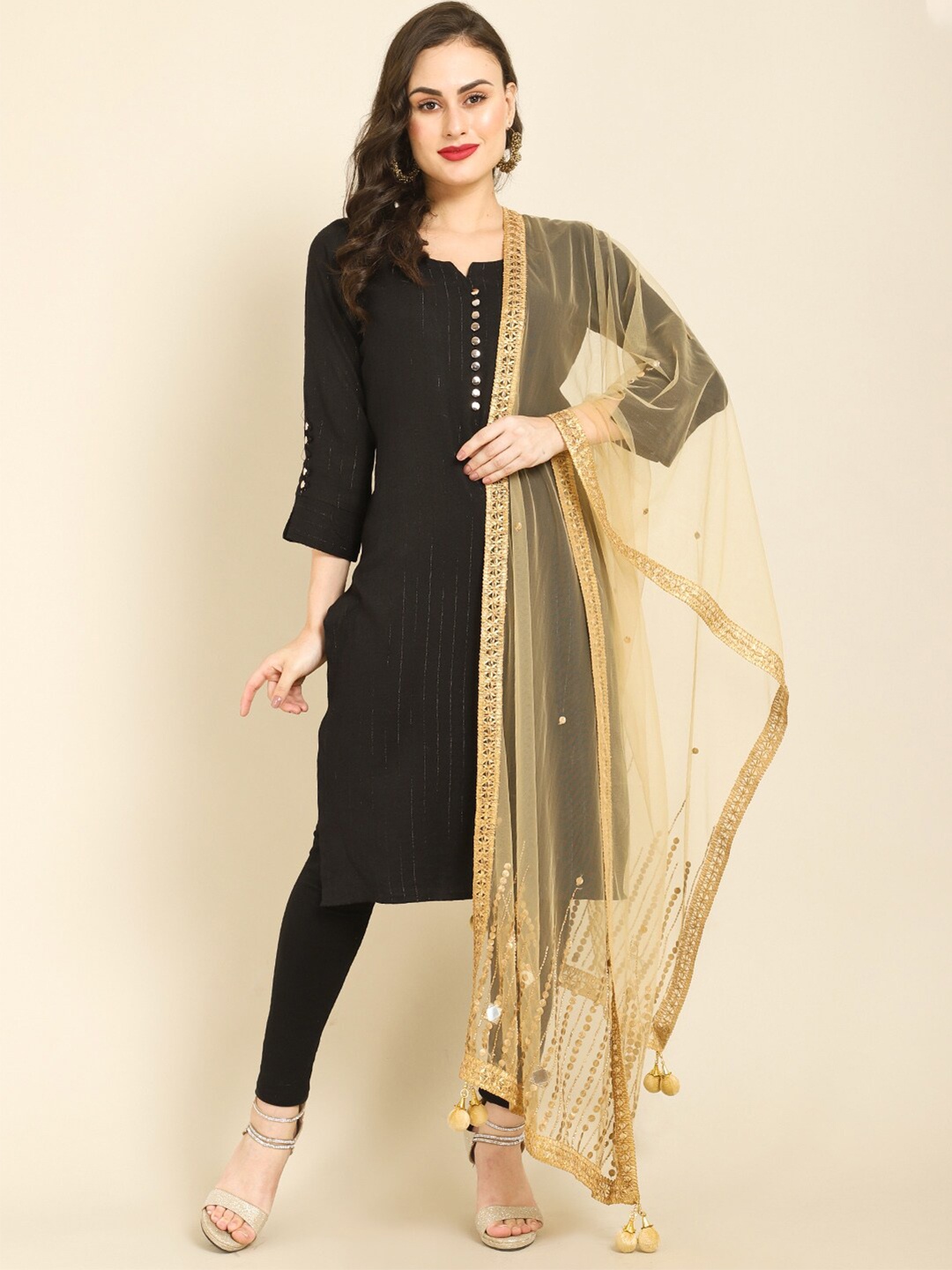 

Miaz Lifestyle Gold-Toned Embroidered Dupatta with Mirror Work