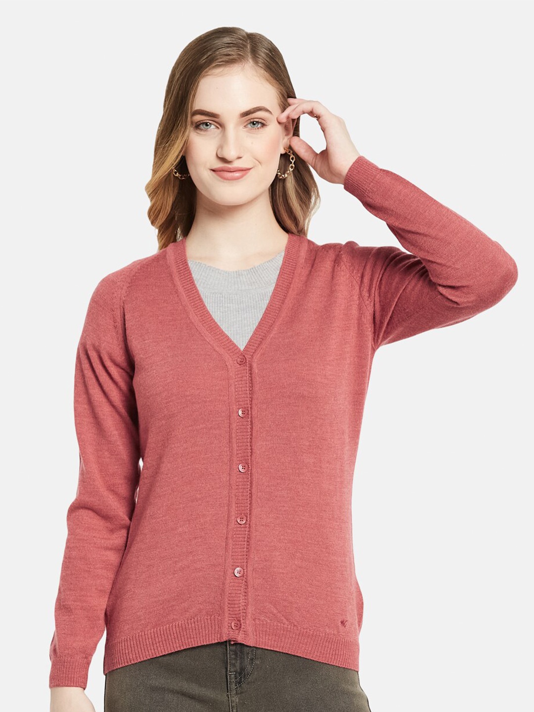 

Monte Carlo Women Peach-Coloured V-Neck Wool Cardigan