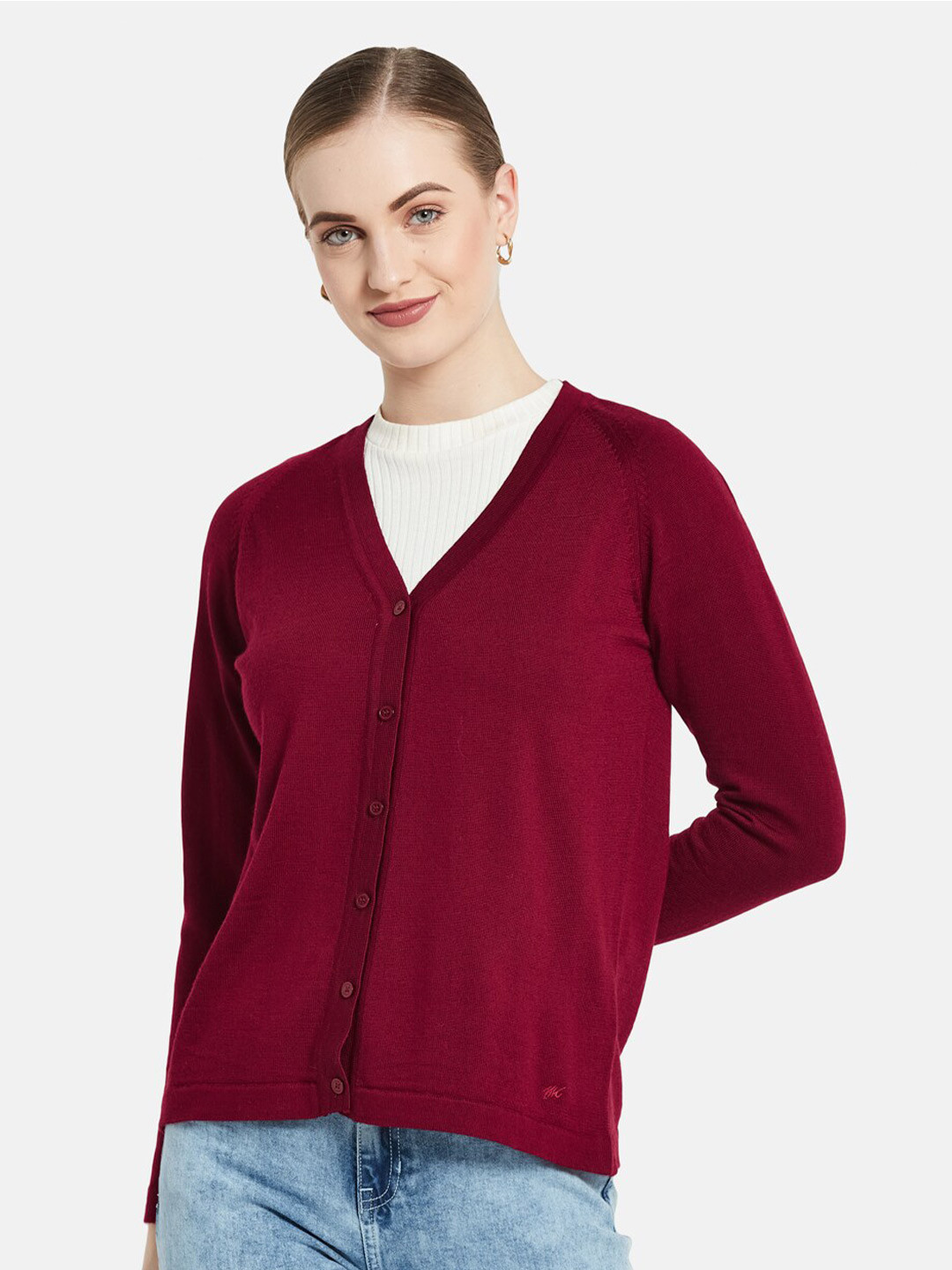 

Monte Carlo Women Maroon Solid Pure Wool Cardigan