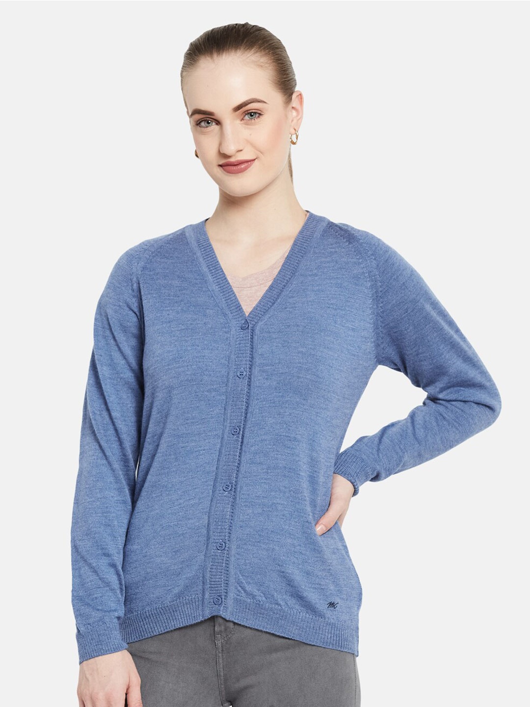 

Monte Carlo Women Blue V-Neck Cardigan with Embroidered Detail