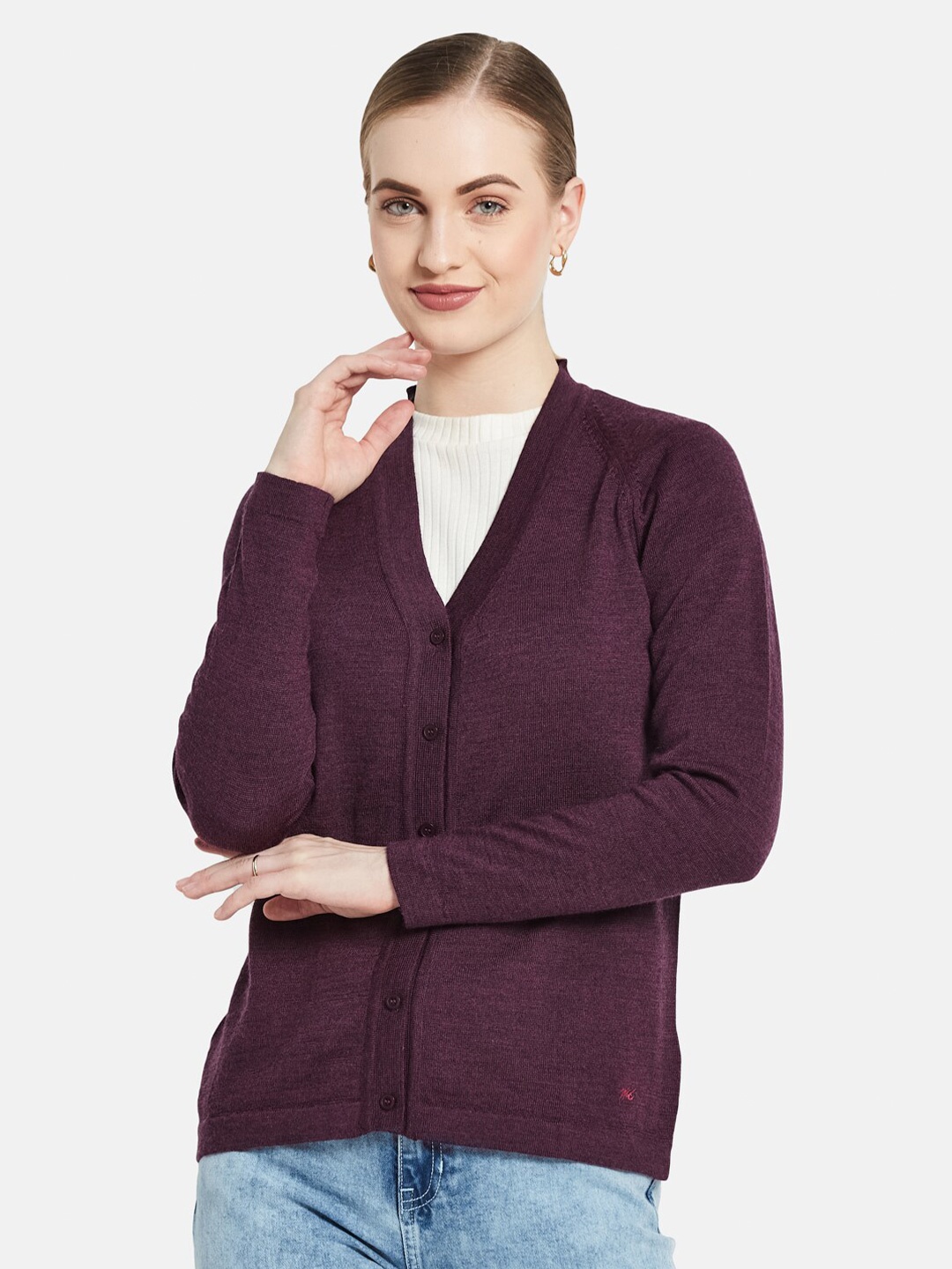 

Monte Carlo Women Maroon V-Neck Cardigan with Embroidered Detail