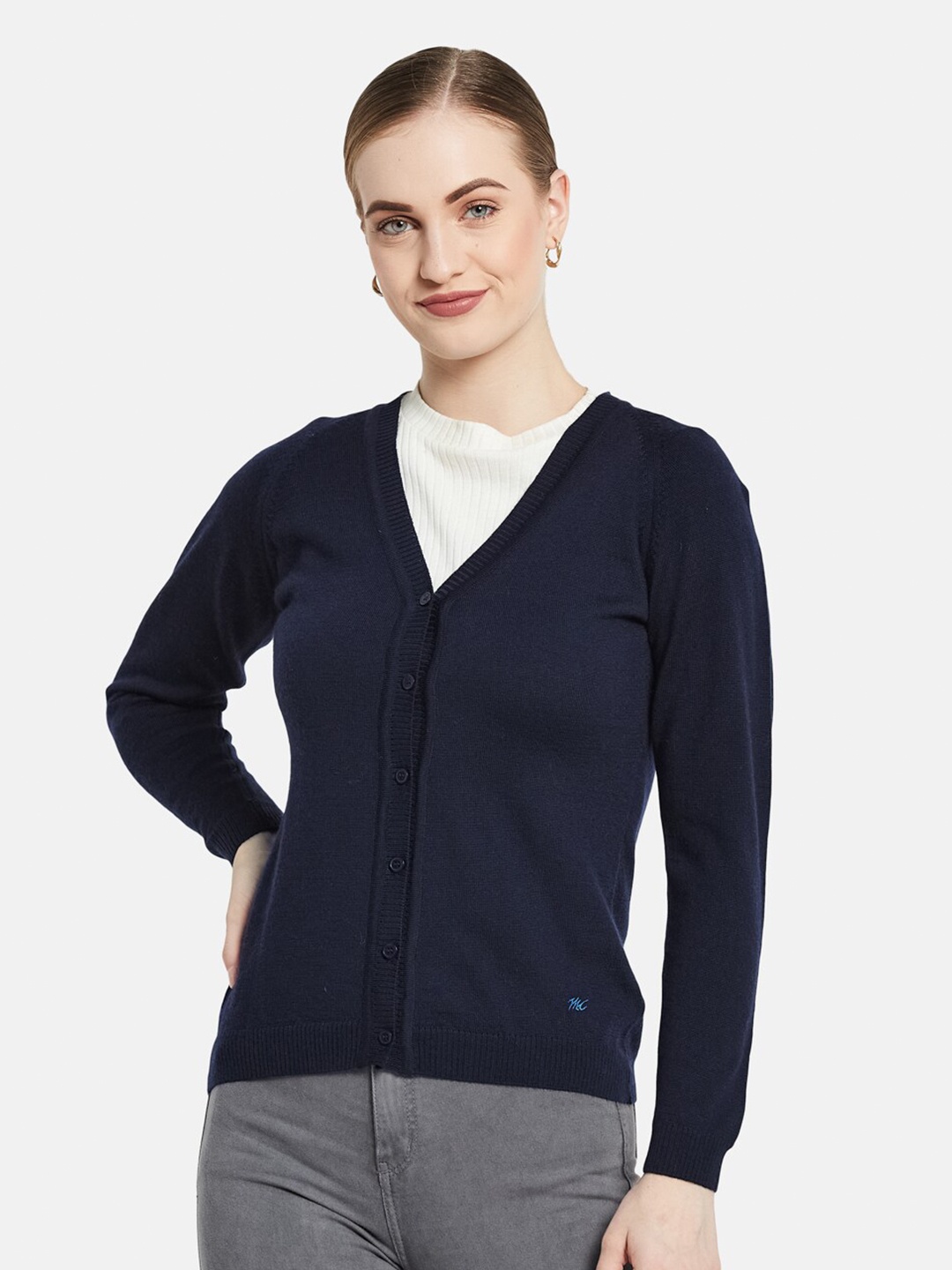 

Monte Carlo Women Navy Blue V Neck Wool Cardigan Sweaters