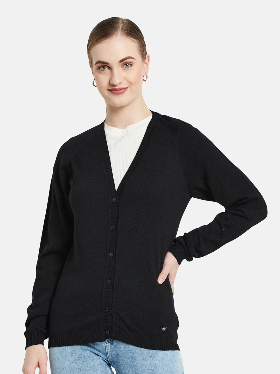

Monte Carlo Women's Pure Wool Black Solid V Neck Cardigan