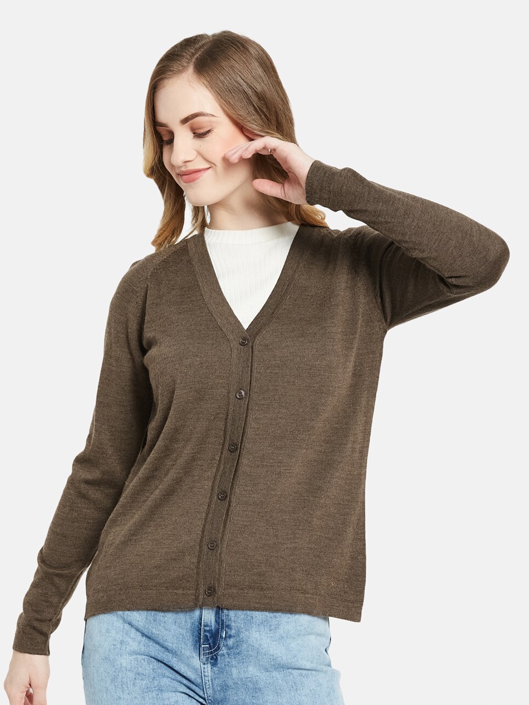 

Monte Carlo Women Brown Solid V Neck Cardigan