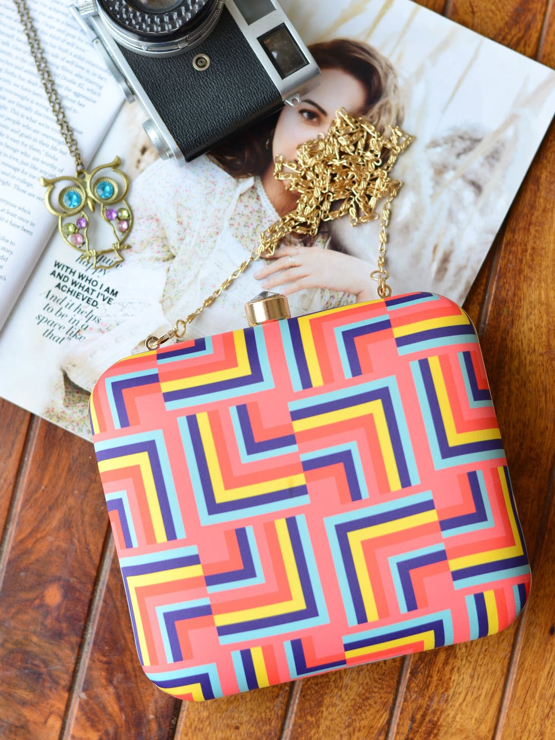 

ARTKLIM Peach-Coloured & Blue Printed Box Clutch