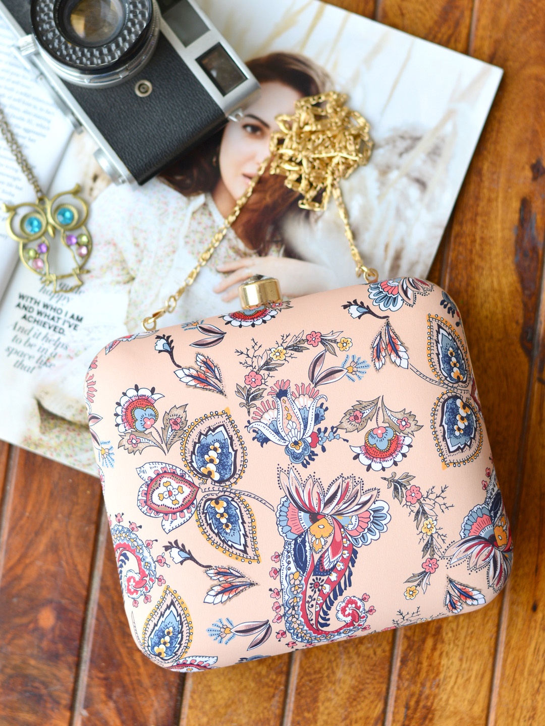 

ARTKLIM Peach-Coloured & Blue Printed Box Clutch