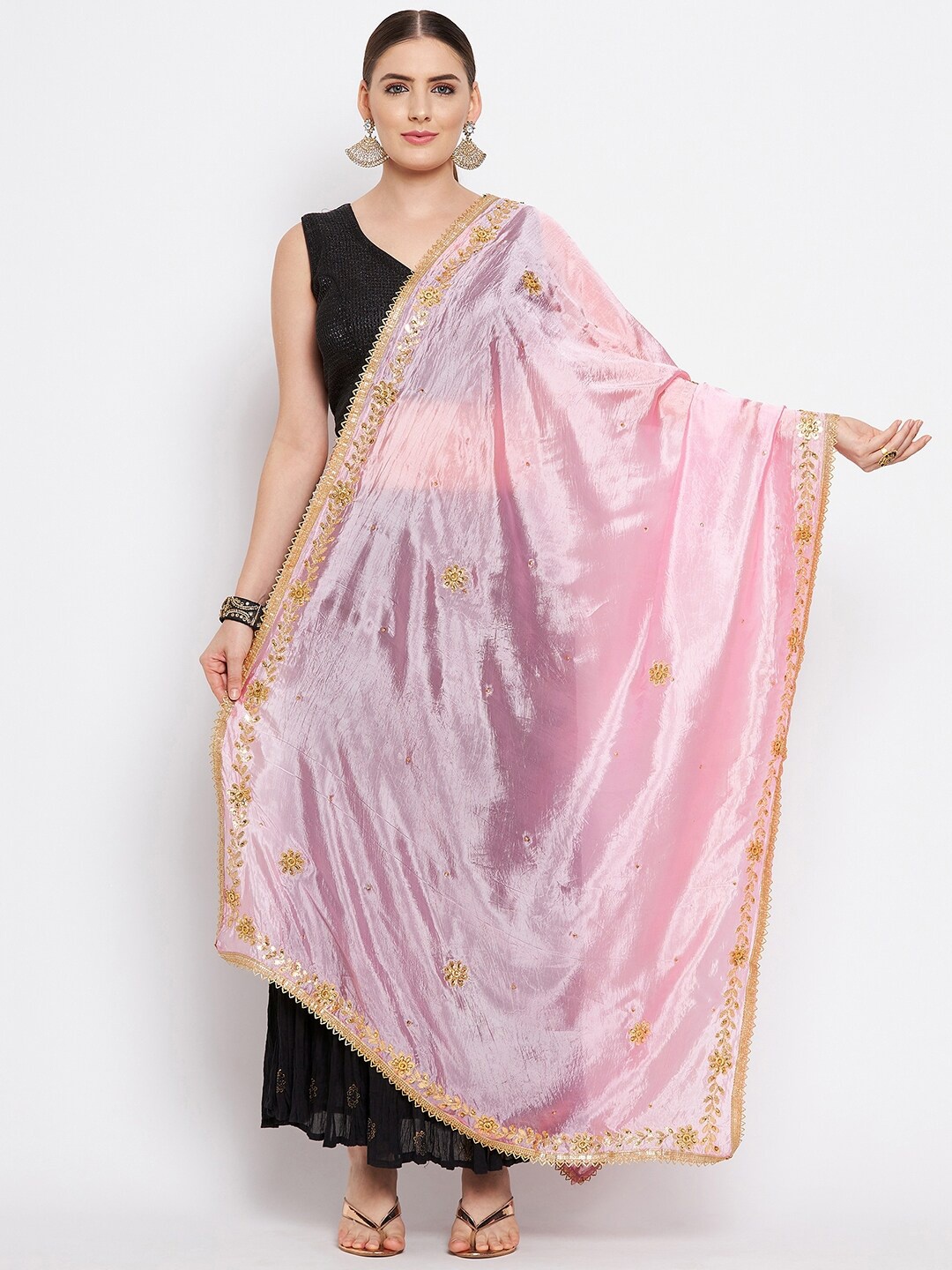 

Clora Creation Pink & Gold-Toned Embroidered Dupatta with Sequinned