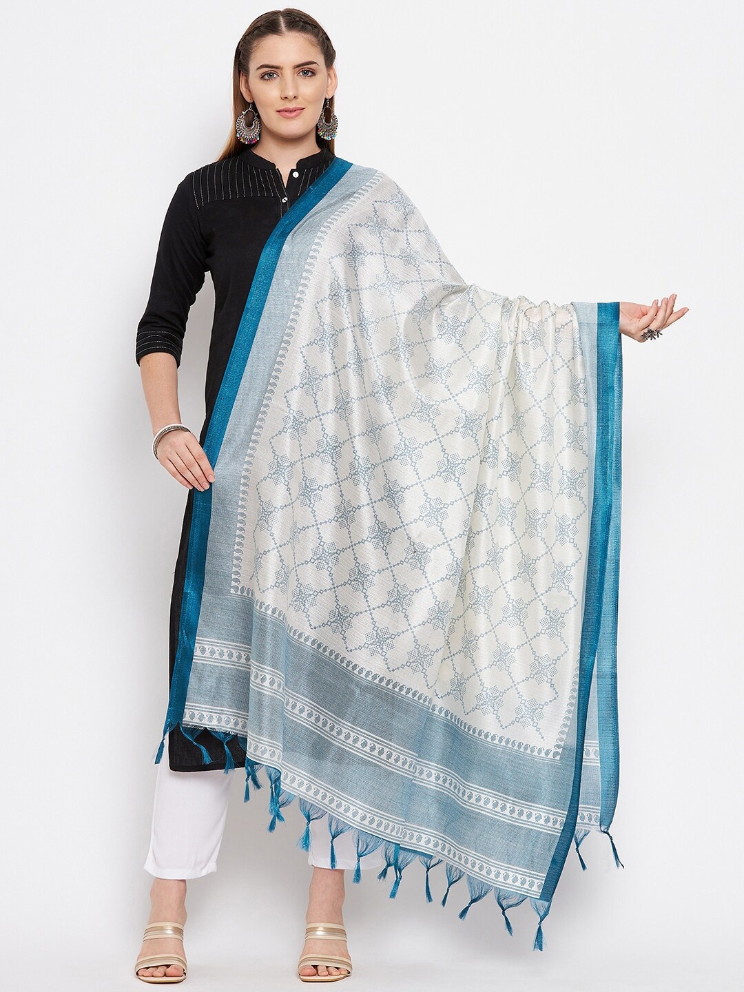 

Clora Creation Teal & White Ethnic Motifs Printed Dupatta