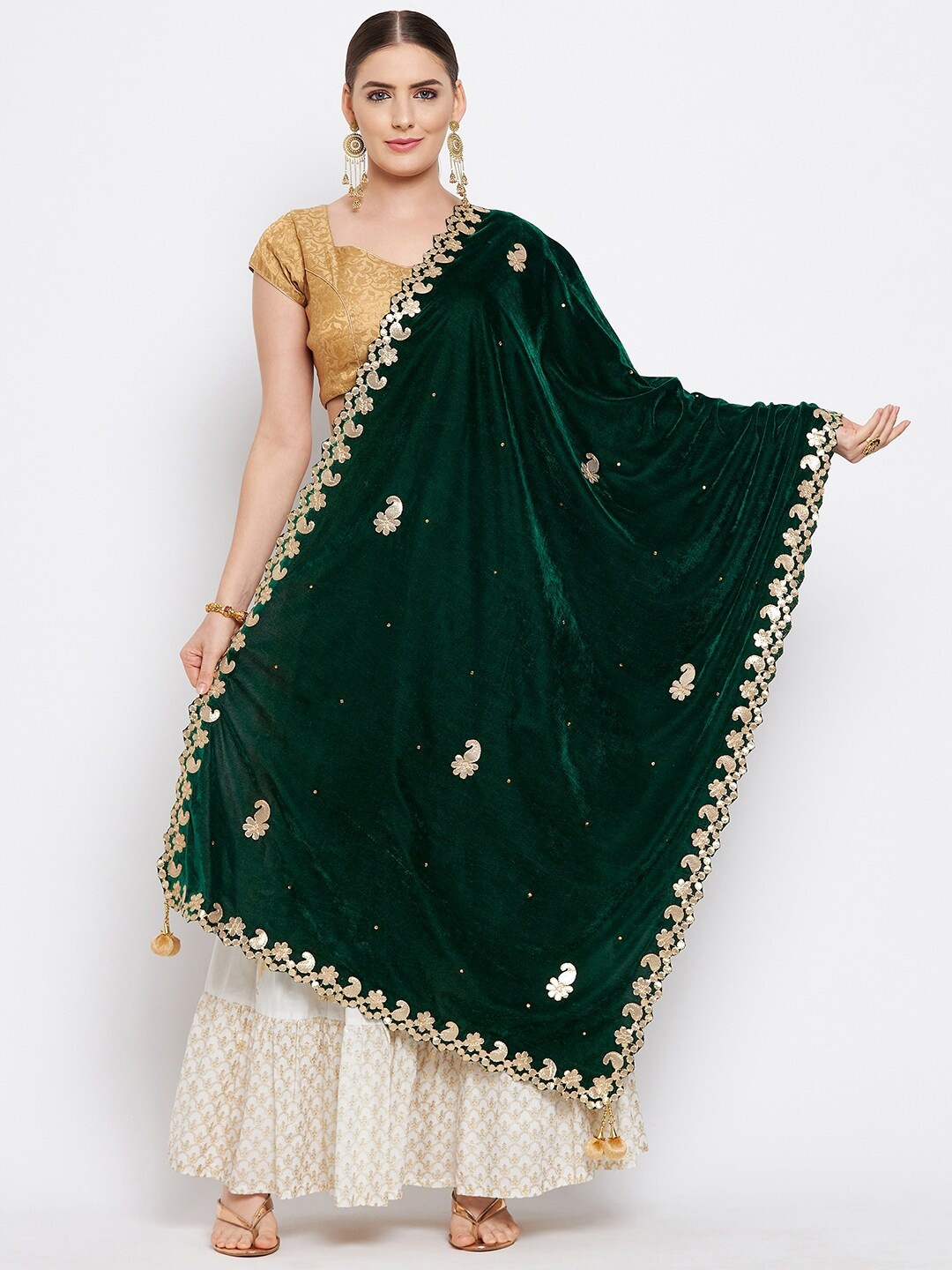 

Clora Creation Green & Gold-Toned Embroidered Velvet Dupatta with Gotta Patti