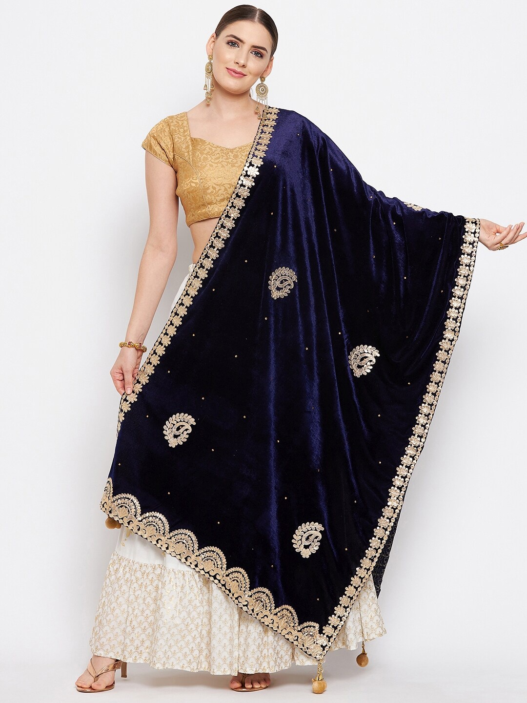 

Clora Creation Navy Blue & Gold-Toned Paisley Embroidered Velvet Dupatta with Gotta Patti