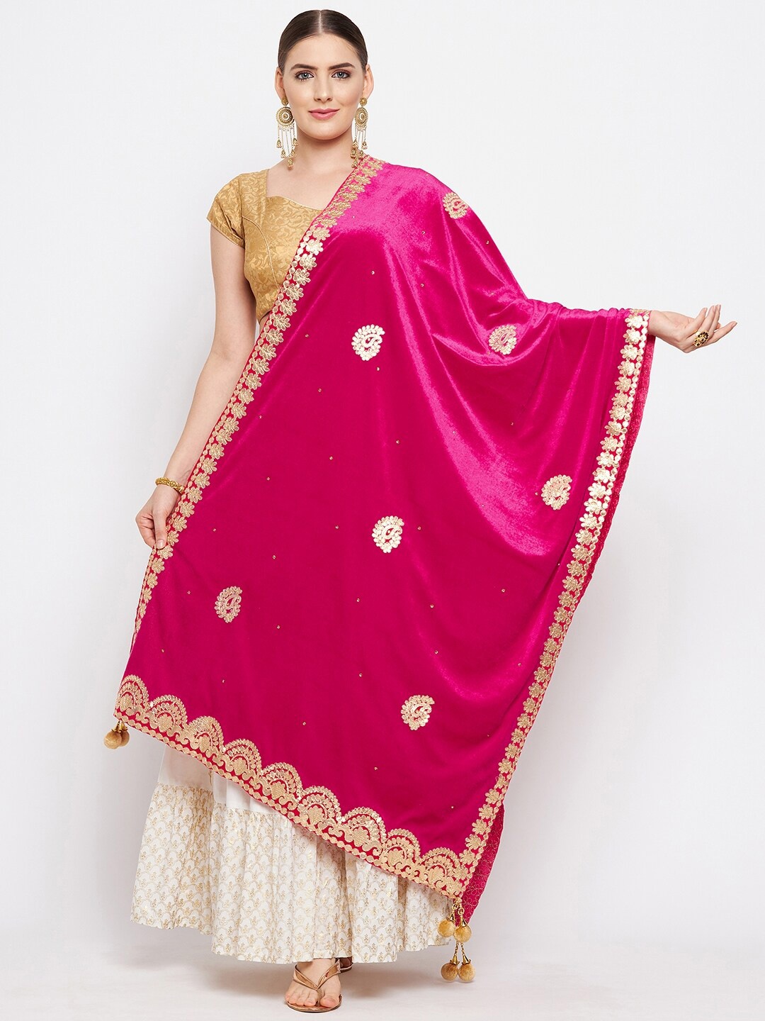 

Clora Creation Magenta & Gold-Toned Ethnic Motifs Embroidered Velvet Dupatta with Gotta Patti