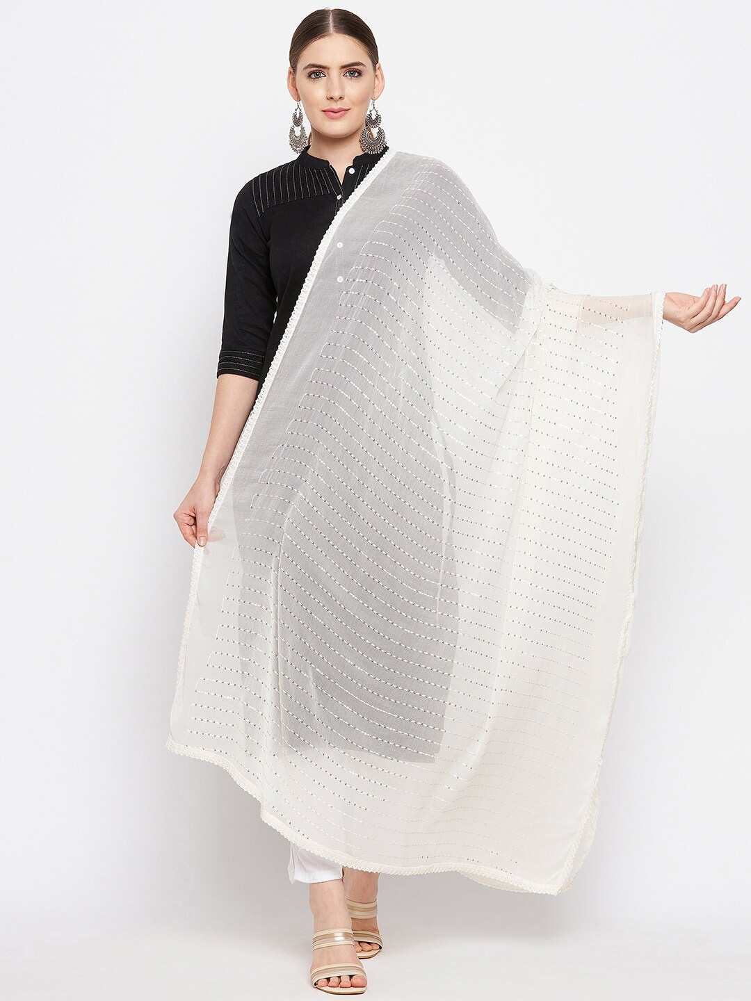 

Clora Creation Off White Embroidered Dupatta with Sequinned