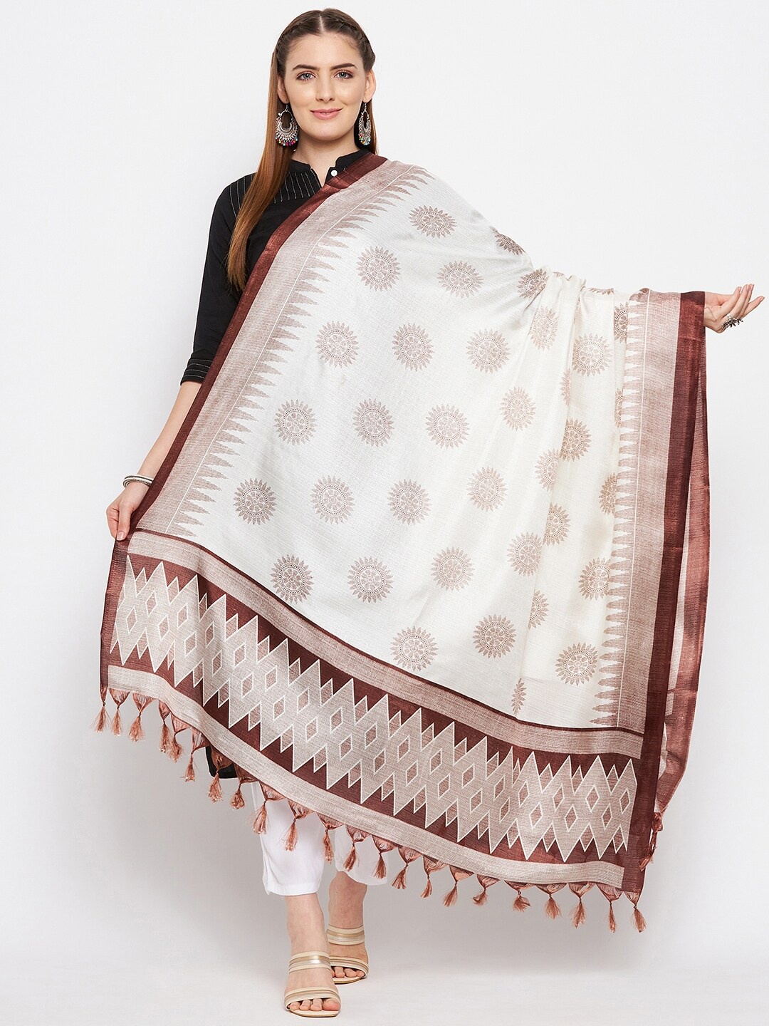 

Clora Creation Brown & White Ethnic Motifs Printed Dupatta