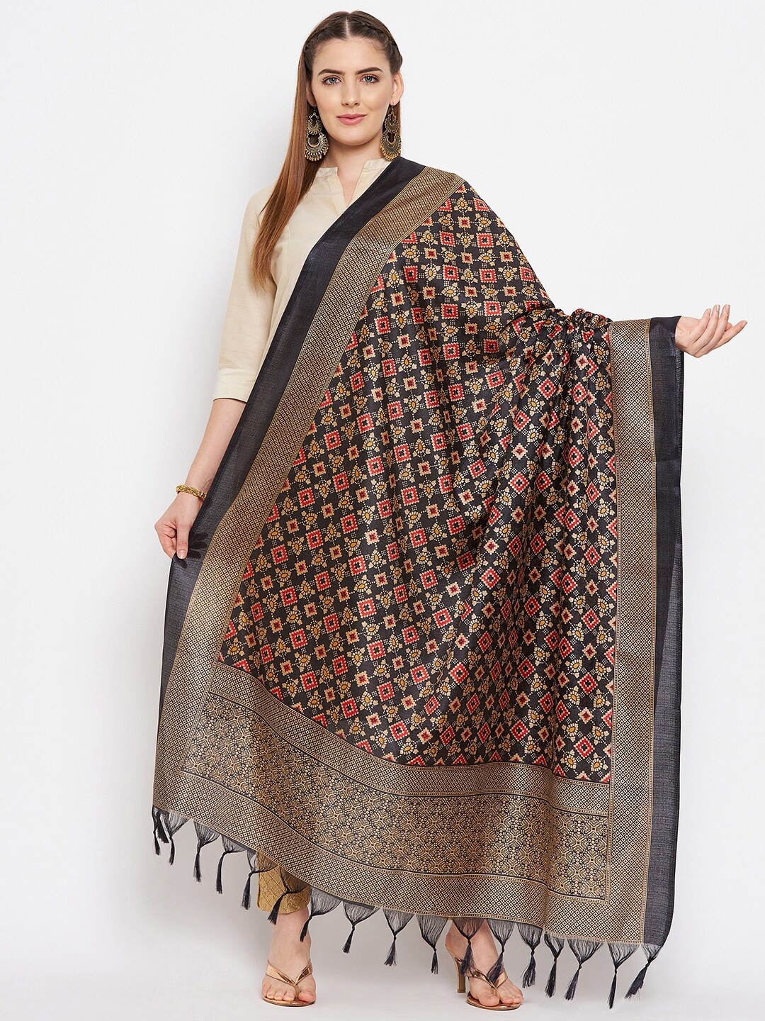 

Clora Creation Black & Gold-Toned Ethnic Motifs Printed Silk Dupatta