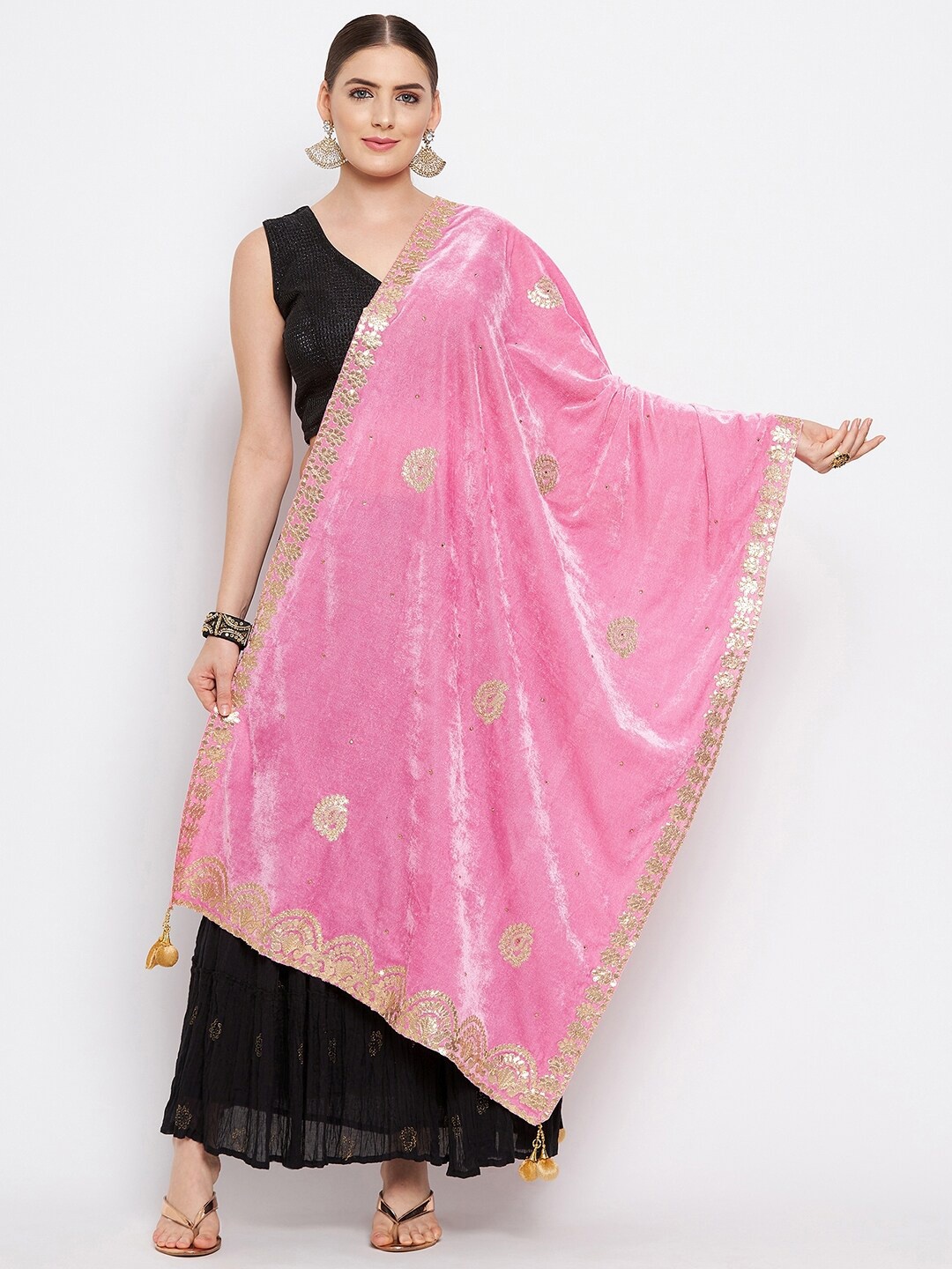 

Clora Creation Pink & Gold-Toned Ethnic Motifs with Gotta Patti Velvet Dupatta
