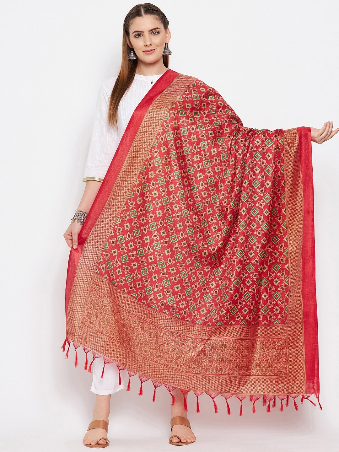 

Clora Creation Women Red & Gold-Toned Ethnic Motifs Woven Design Dupatta