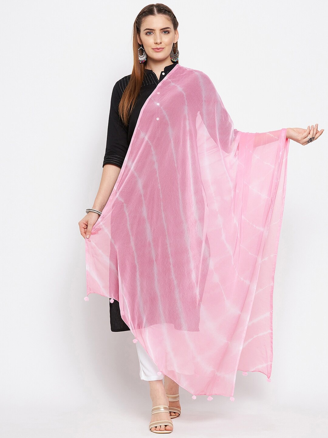 

Clora Creation Pink & Off White Striped Chiffon Dupatta