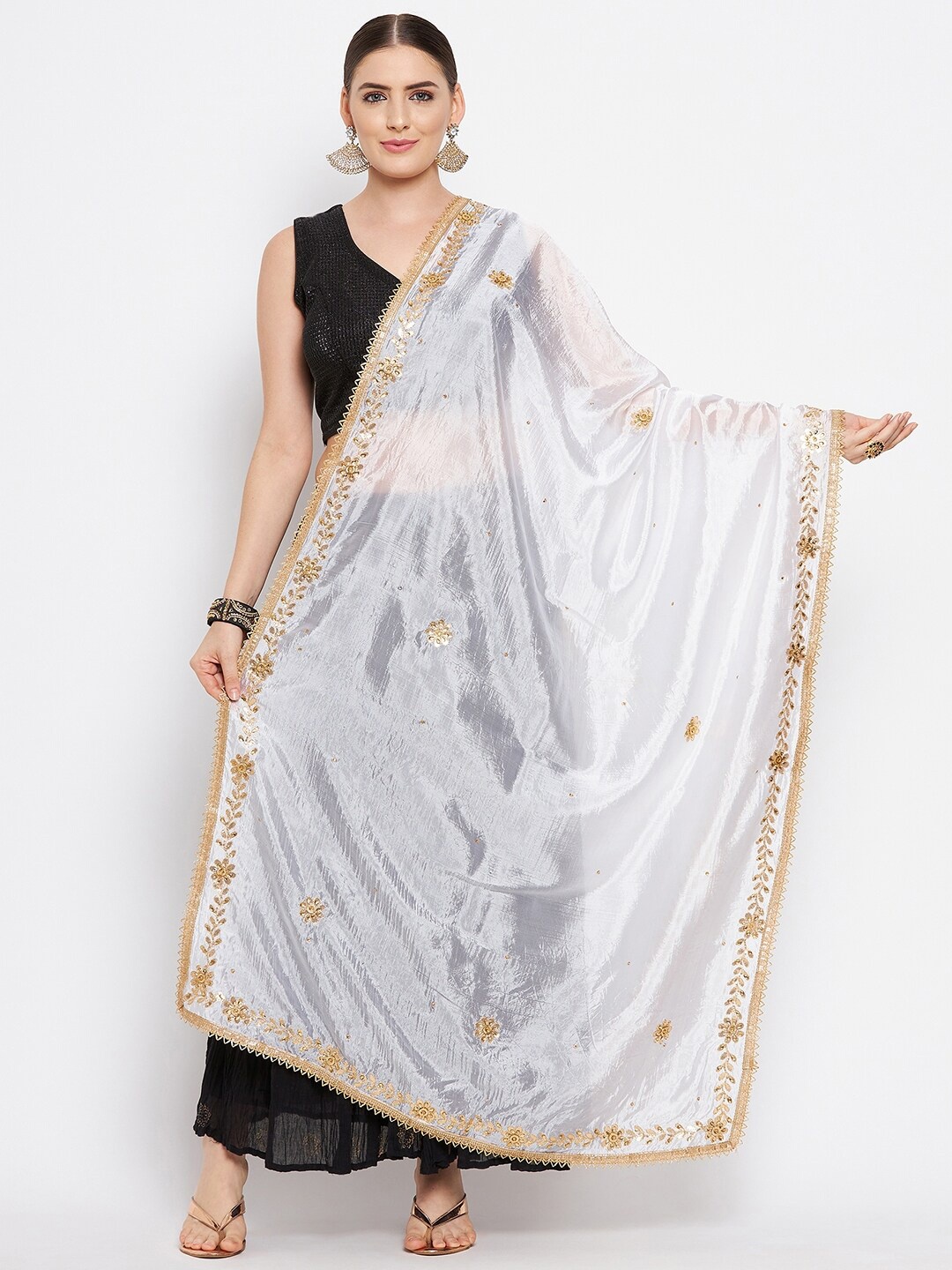 

Clora Creation White & Gold-Toned Embroidered Dupatta with Sequinned