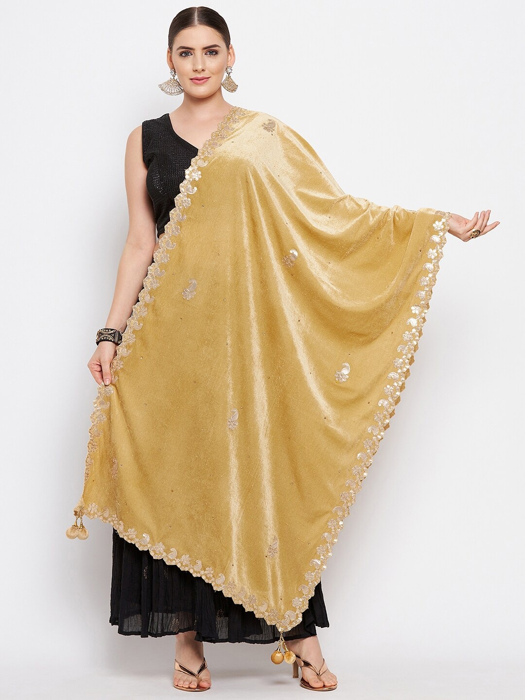 

Clora Creation Beige & Gold-Toned Ethnic Motifs Embroidered Velvet Dupatta with Gotta Patti