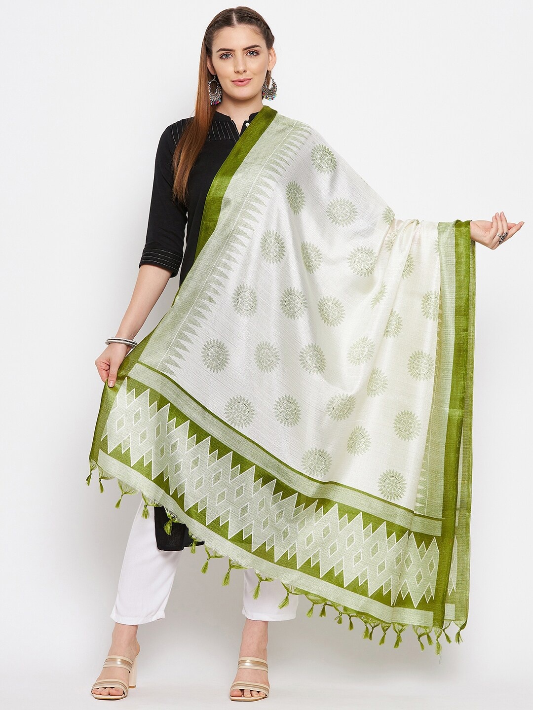 

Clora Creation Green & Off White Printed Silk Blend Dupatta