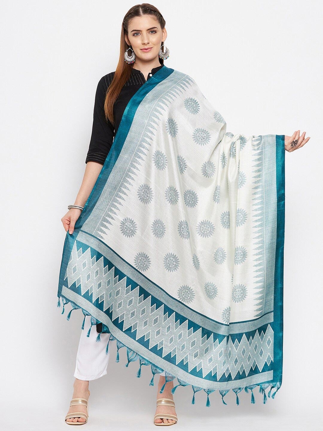 

Clora Creation Women Teal & White Printed Silk Blend Dupatta