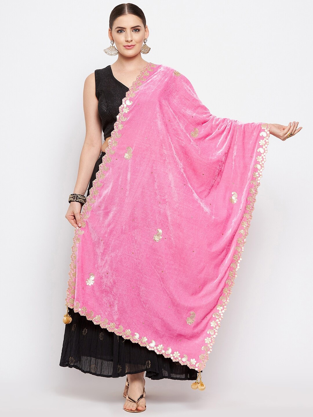 

Clora Creation Pink & Gold-Toned Paisley Embroidered Velvet Dupatta with Gotta Patti