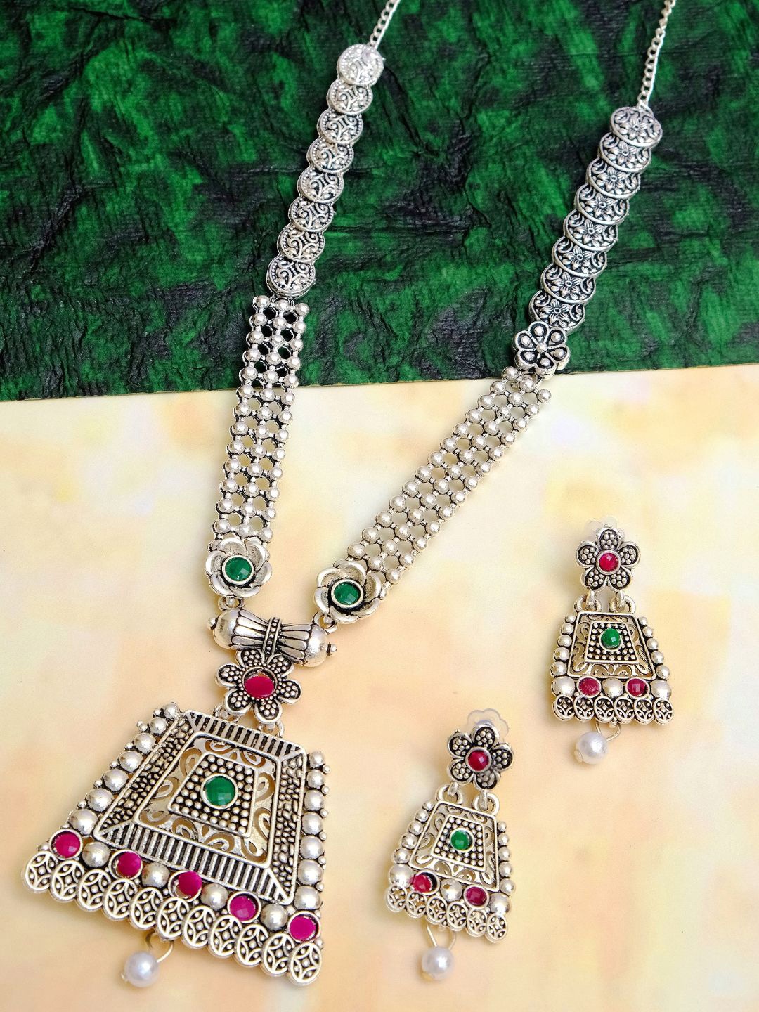

Crunchy Fashion Oxidised Silver-Plated Pink & Green Stone-Studded Jewellery Set