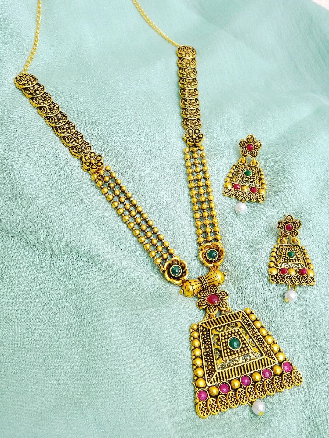 

Crunchy Fashion Gold-Plated Pink & Green Stone Studded & Beaded Traditional Jewellery Set