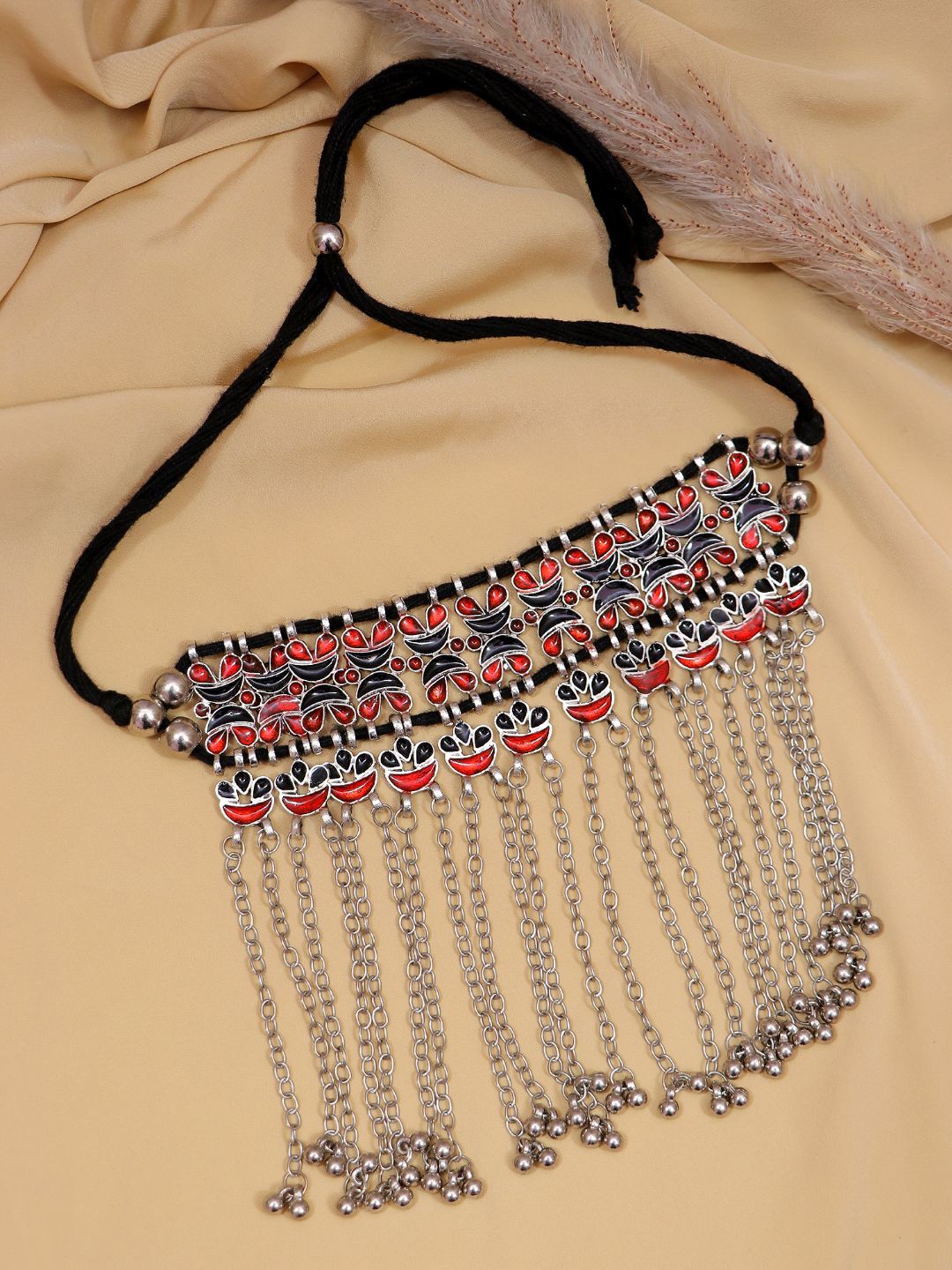 

Crunchy Fashion Silver-Toned & Red Silver-Plated Oxidised Necklace