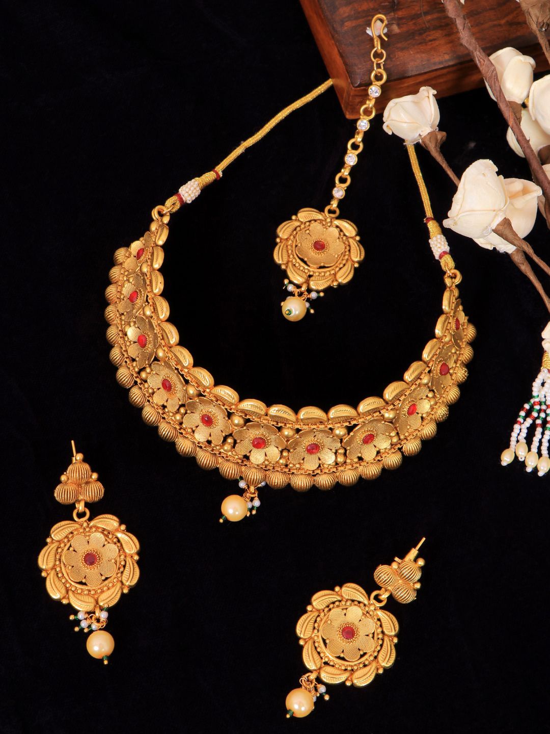 

Crunchy Fashion Gold-Plated & Red Traditional Jewellery Set